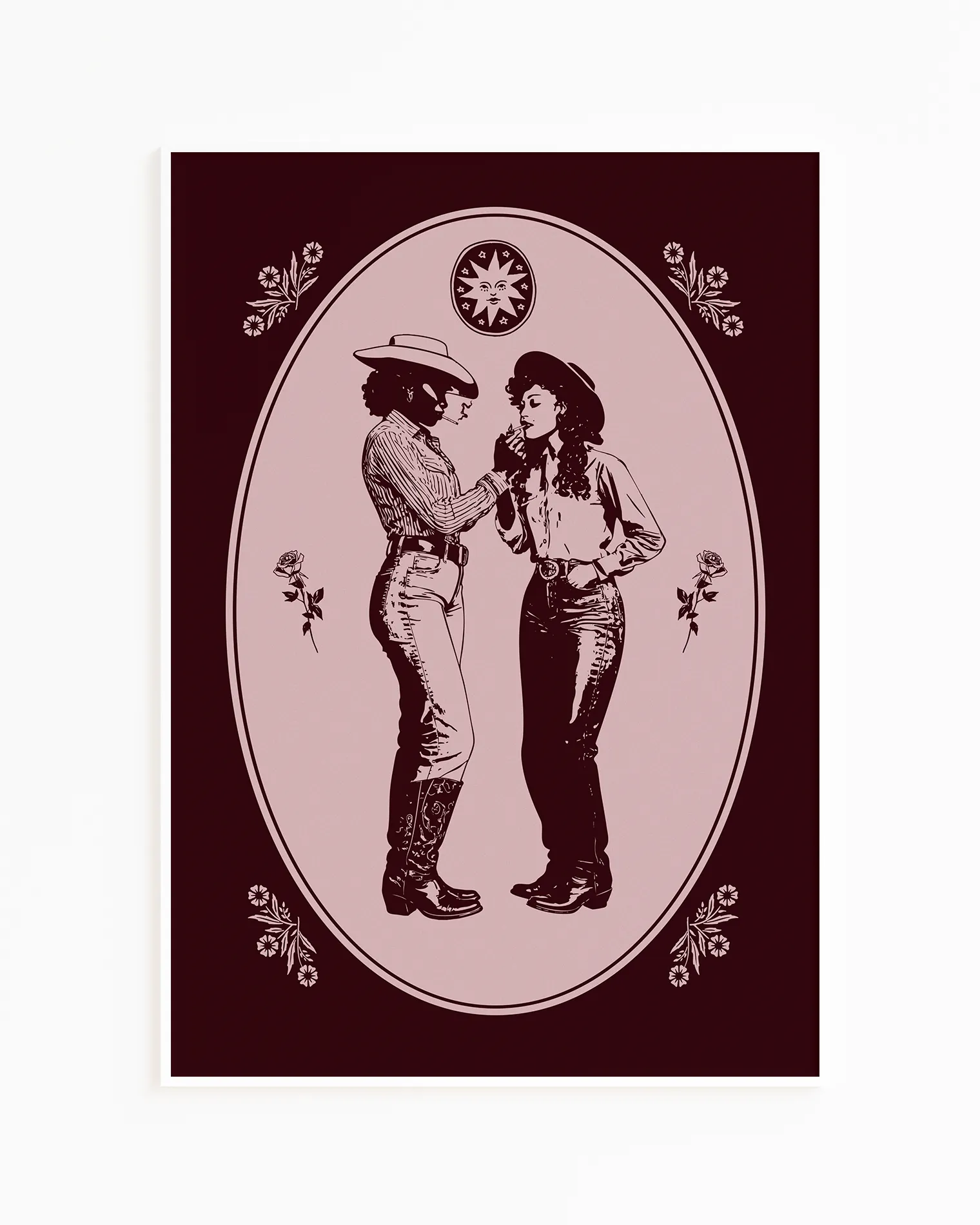 A framed print with a lesbian cowgirl couple.