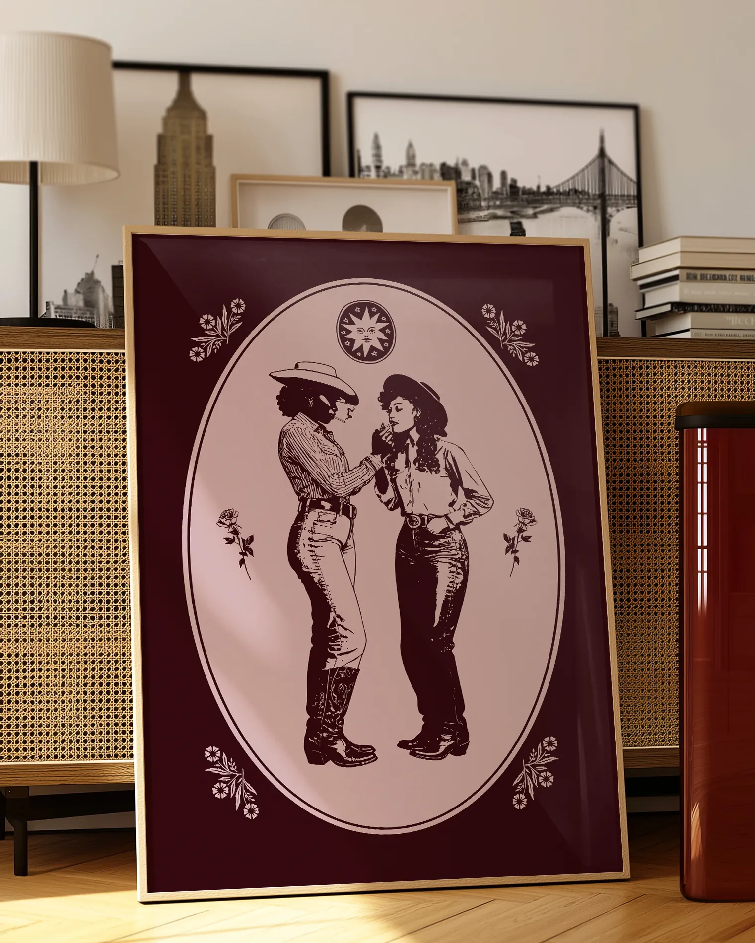 A framed print with a lesbian cowgirl couple.