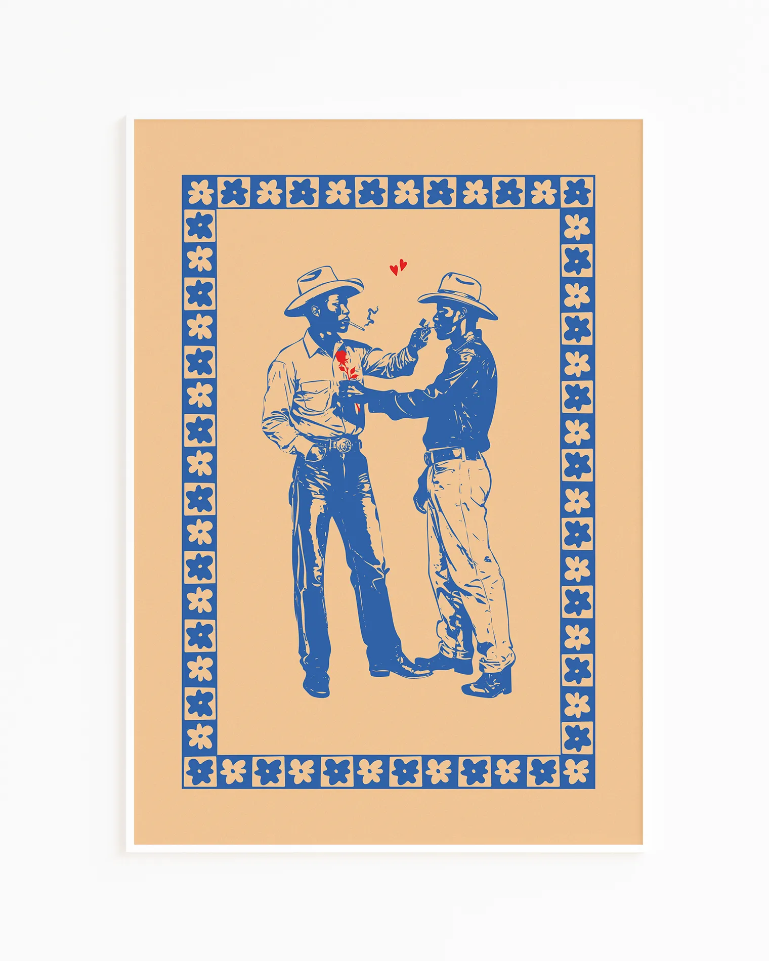 A print with two illustrated cowboys in love, against a beige background.