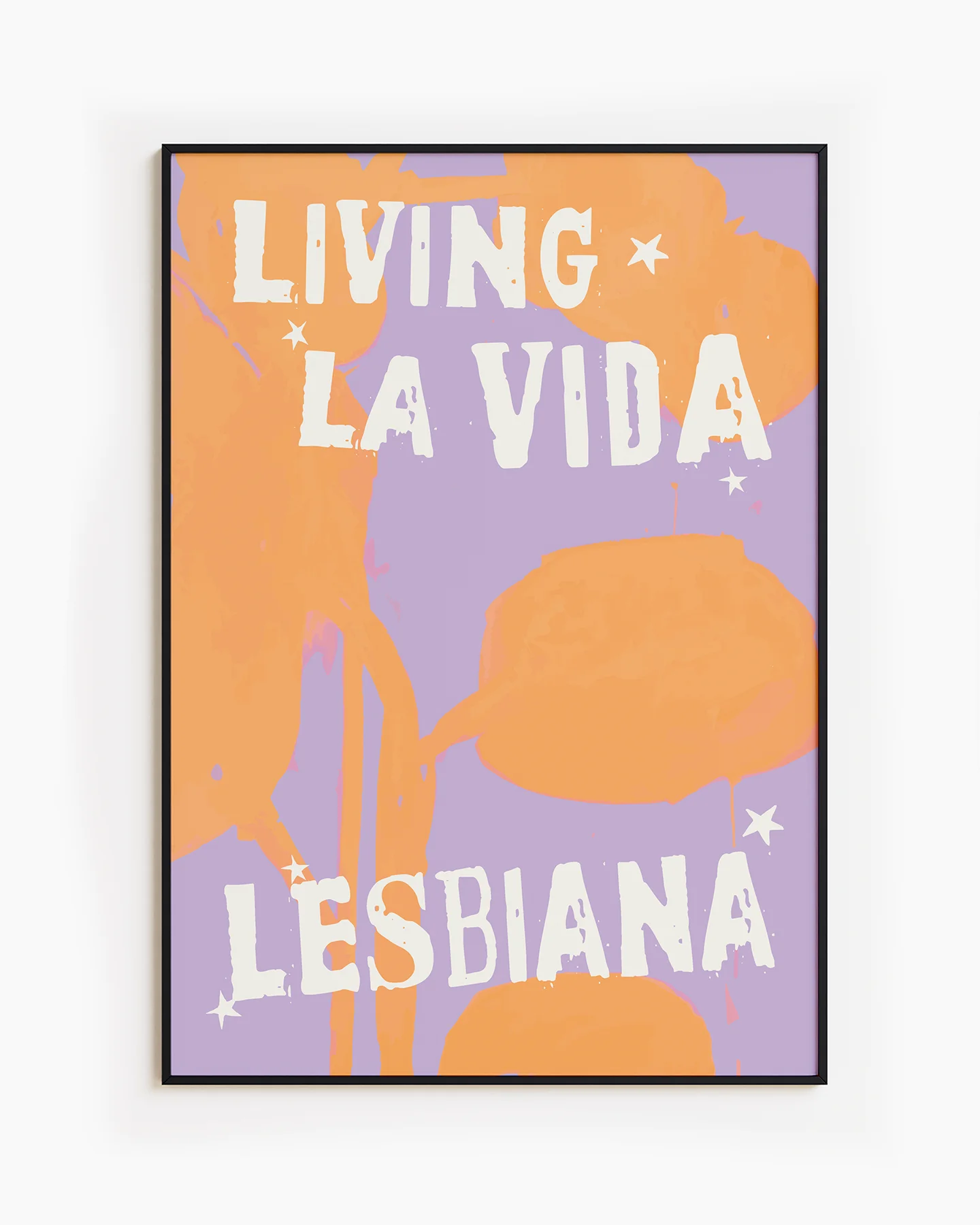 A poster with the text 'LIVING LA VIDA LESBIANA' against an abstract background.