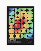A print with the classic pride flag colours in abstract, rounded forms with the text 'Love Is Boundless.'