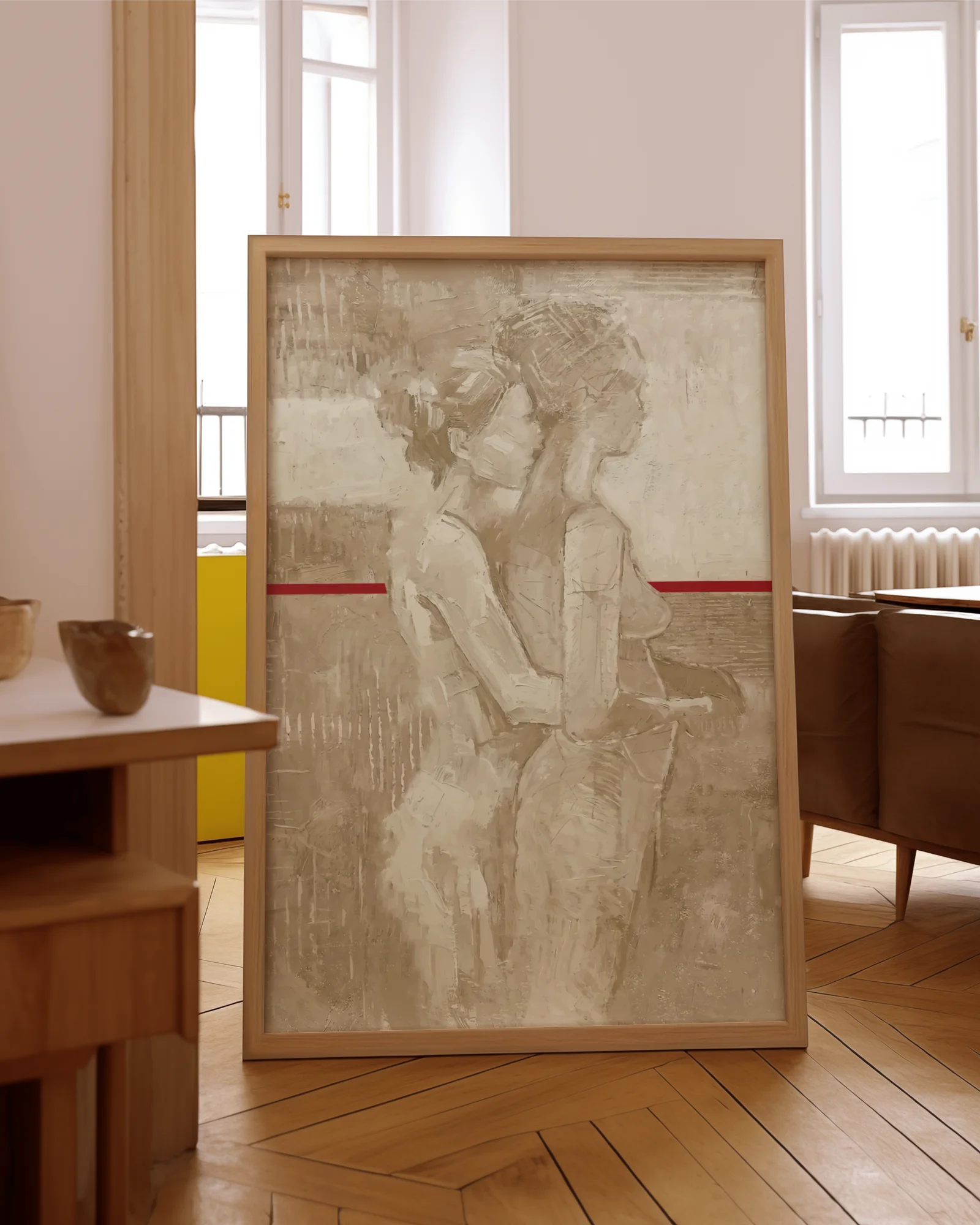 A framed poster with a lesbian, naked couple, abstract painting style.