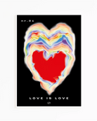 Framed poster with a burning heart in pride rainbow colours with the text 'LOVE IS LOVE'.