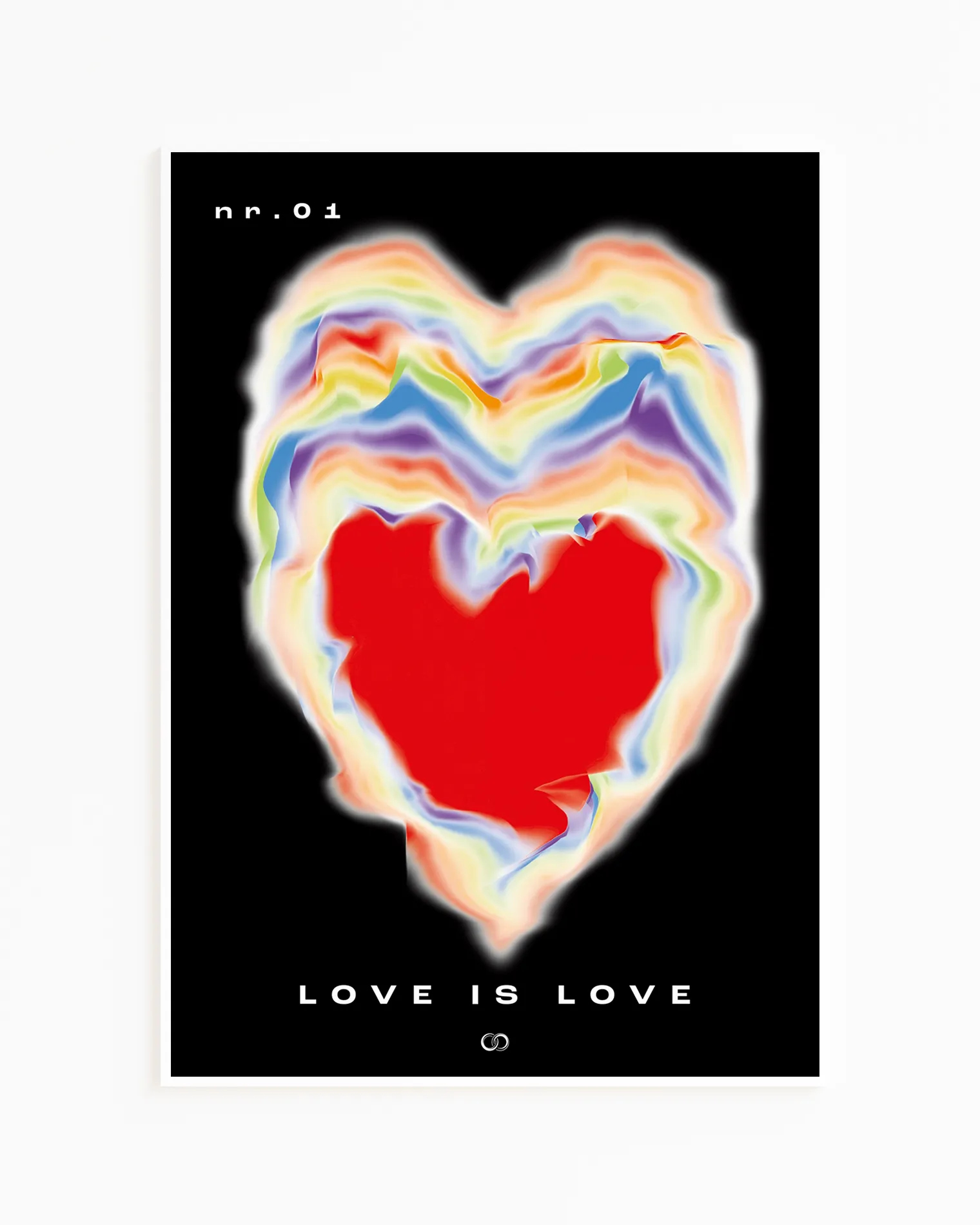 Framed poster with a burning heart in pride rainbow colours with the text 'LOVE IS LOVE'.