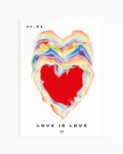 Framed poster with a burning heart in pride rainbow colours with the text 'LOVE IS LOVE'.