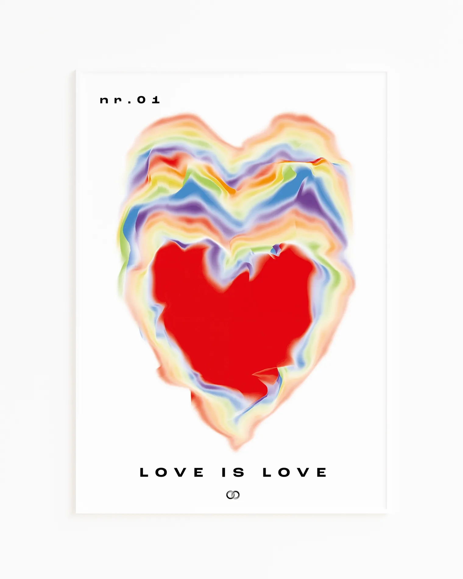 Framed poster with a burning heart in pride rainbow colours with the text 'LOVE IS LOVE'.