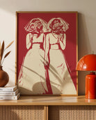 An illustrated bride couple standing next to each other, holding hands, covering their faces with bouquets.