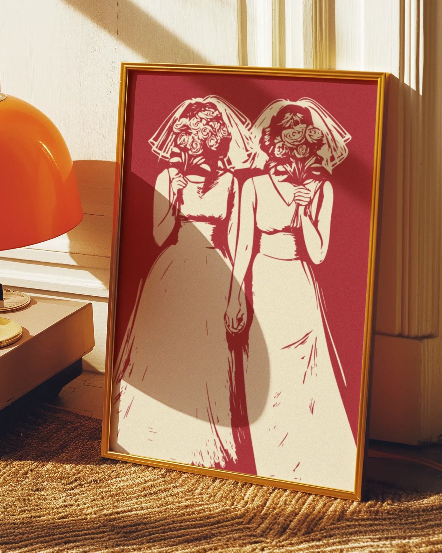An illustrated bride couple standing next to each other, holding hands, covering their faces with bouquets.