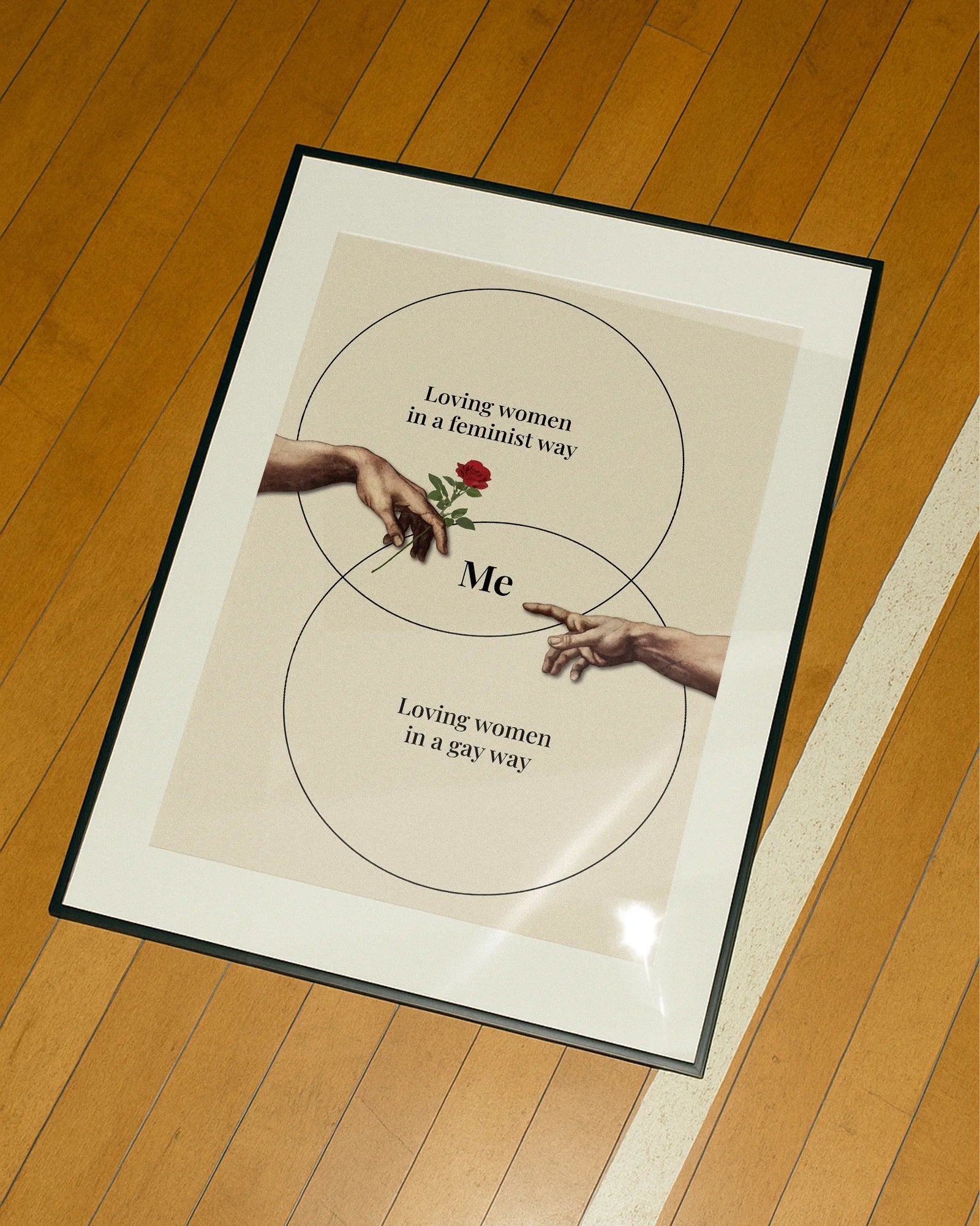 A fun, lesbian framed poster with the text: 'Loving women in a feminist way', 'Loving women in a gay way' and in the middle, it says 'ME'.