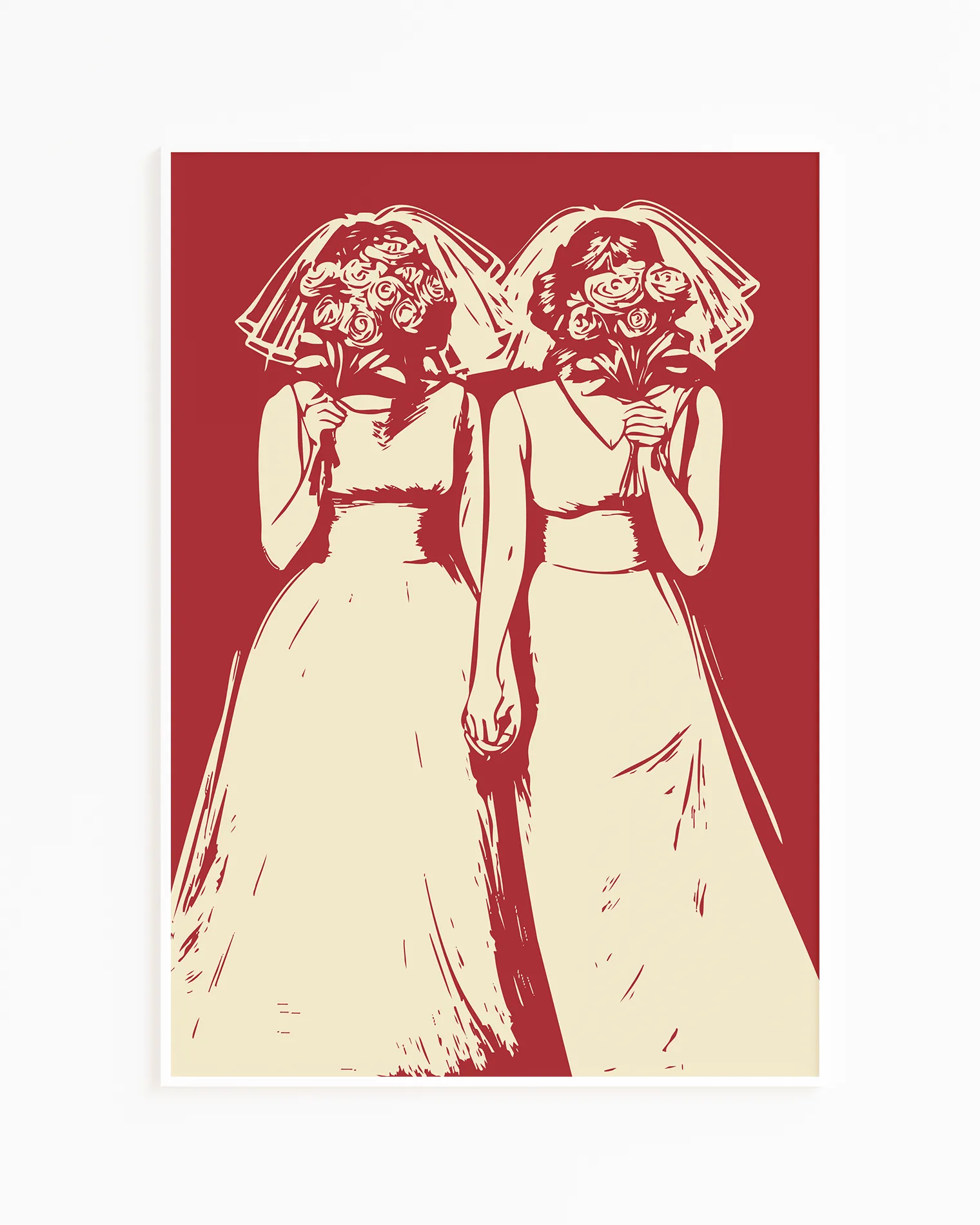 An illustrated bride couple standing next to each other, holding hands, covering their faces with bouquets.