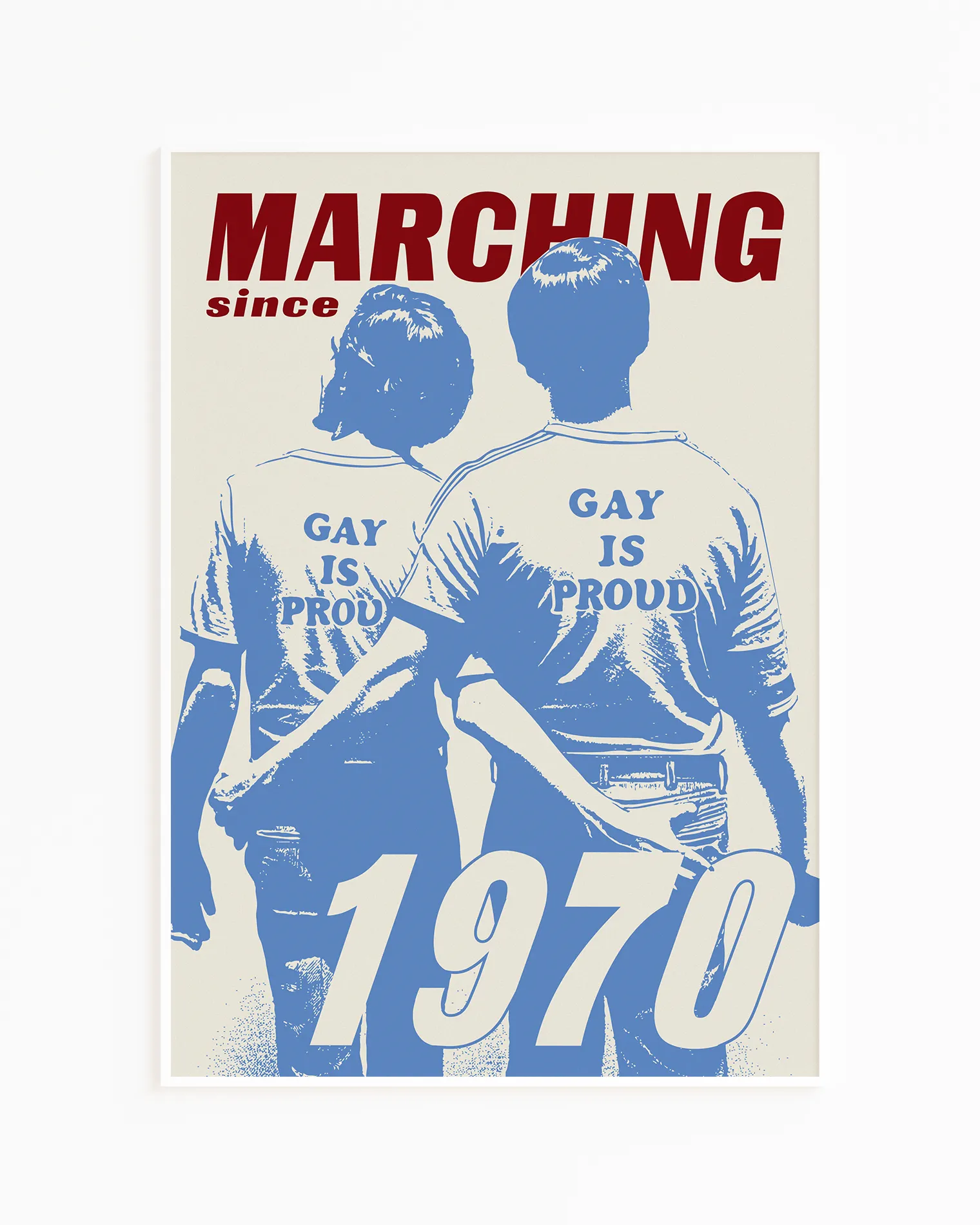 A framed print with an illustrated gay couple walking the first pride parade in New York 1970.