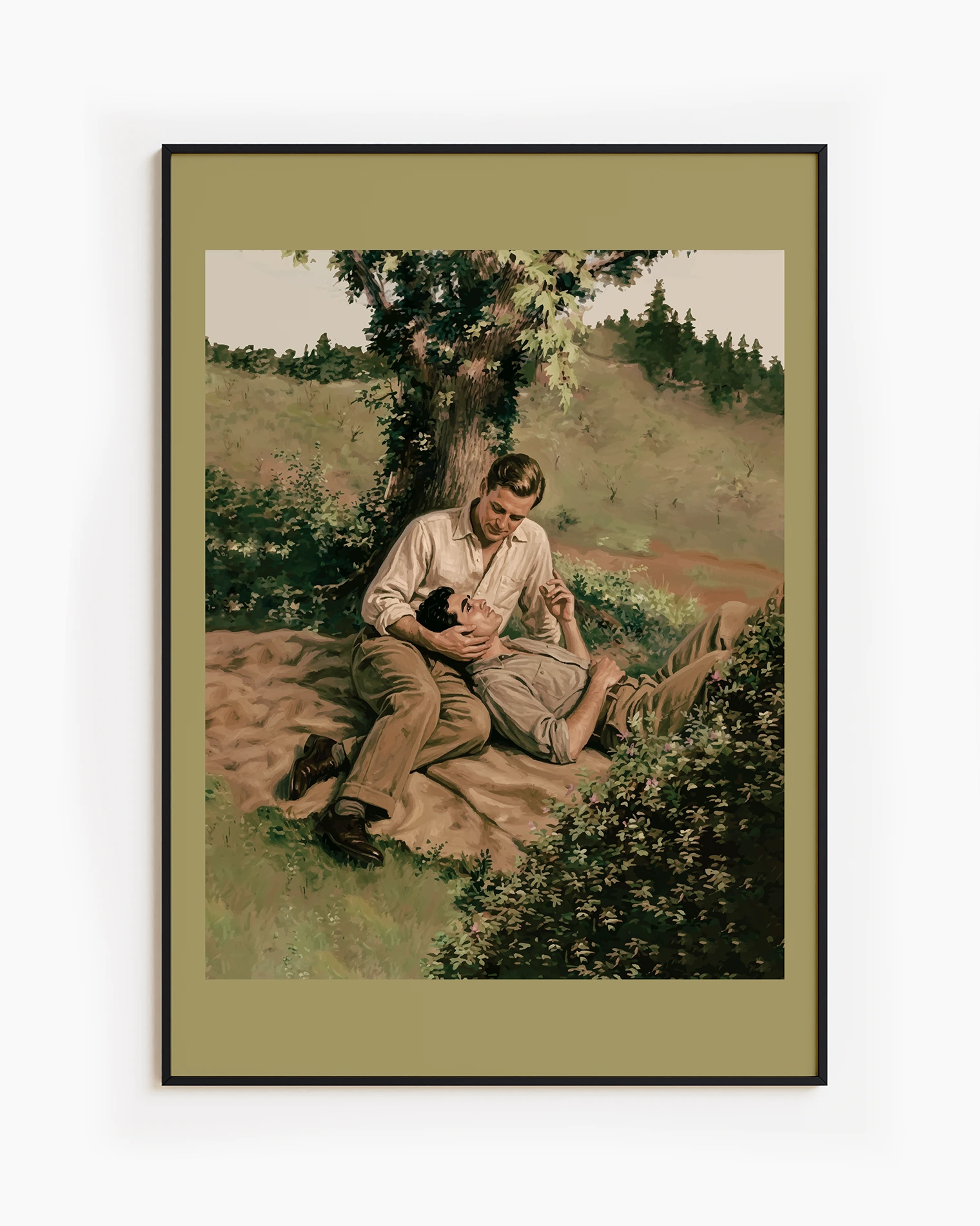 A framed poster with two men cuddling in a park. Vintage, oil painting style.