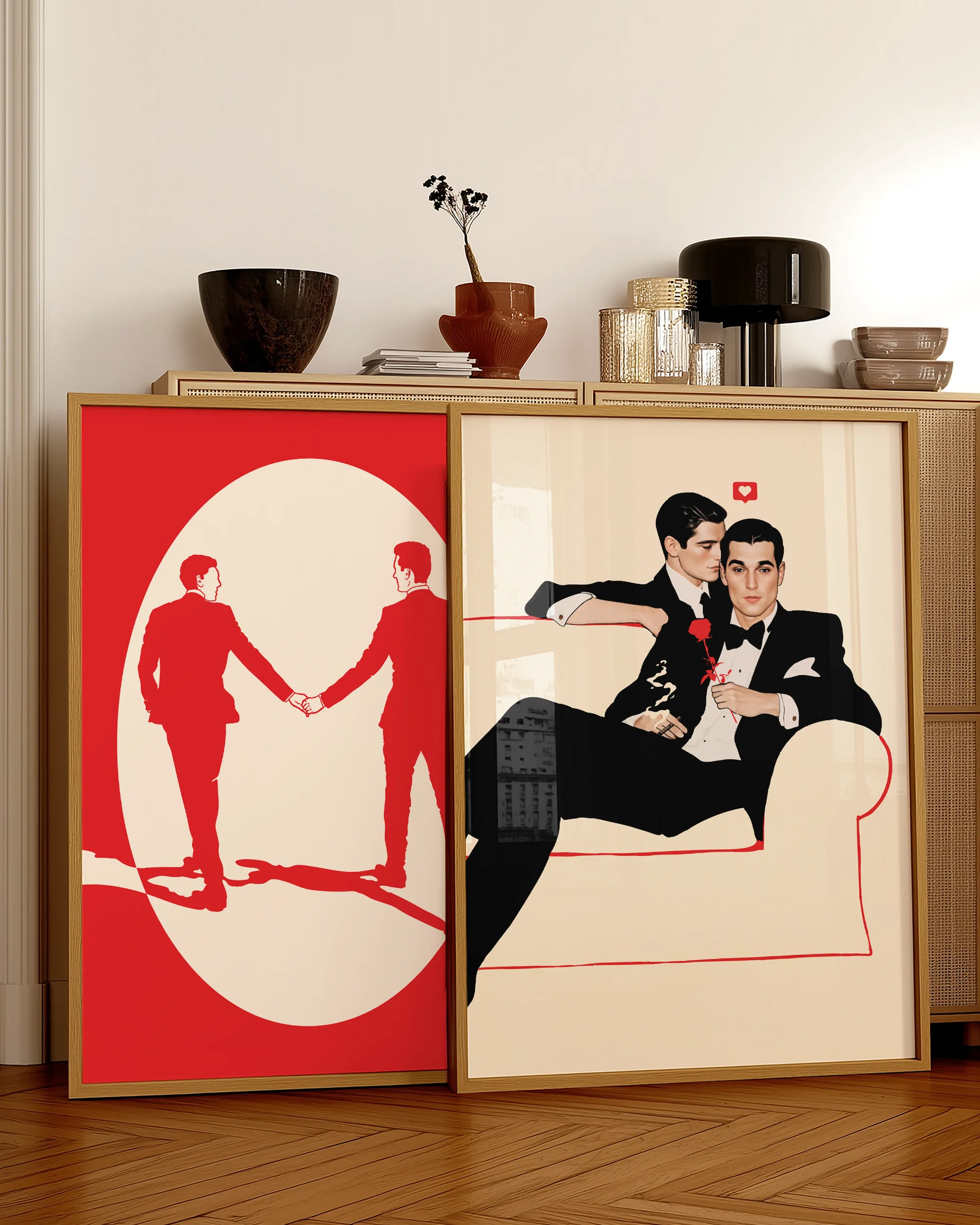 A poster with two fine looking gentleman in suits, cuddling on a couch. Vintage, 60's and elegant style.