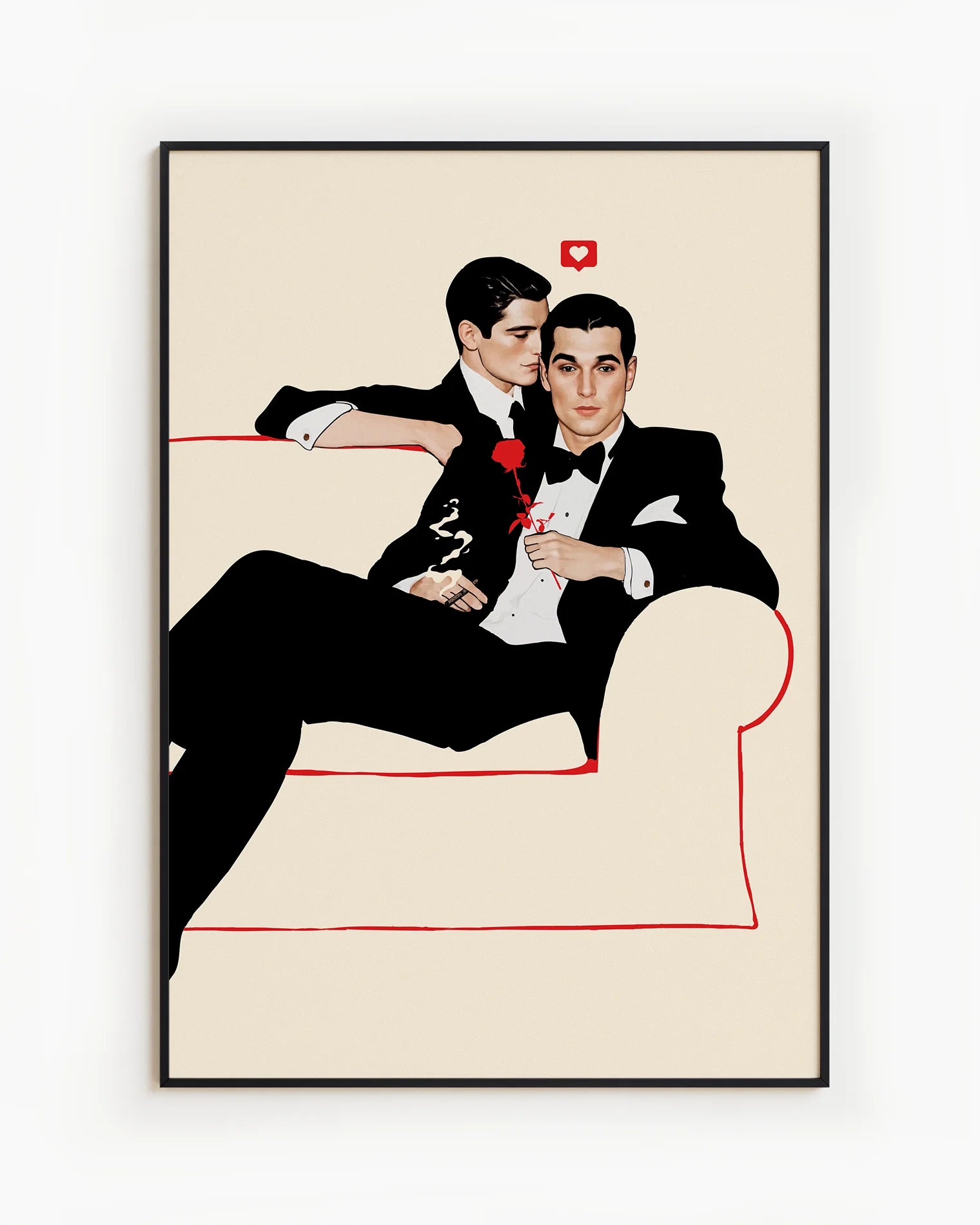 A poster with two fine looking gentleman in suits, cuddling on a couch. Vintage, 60's and elegant style.