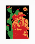 A print with two kissing cowboys under a starlit sky.