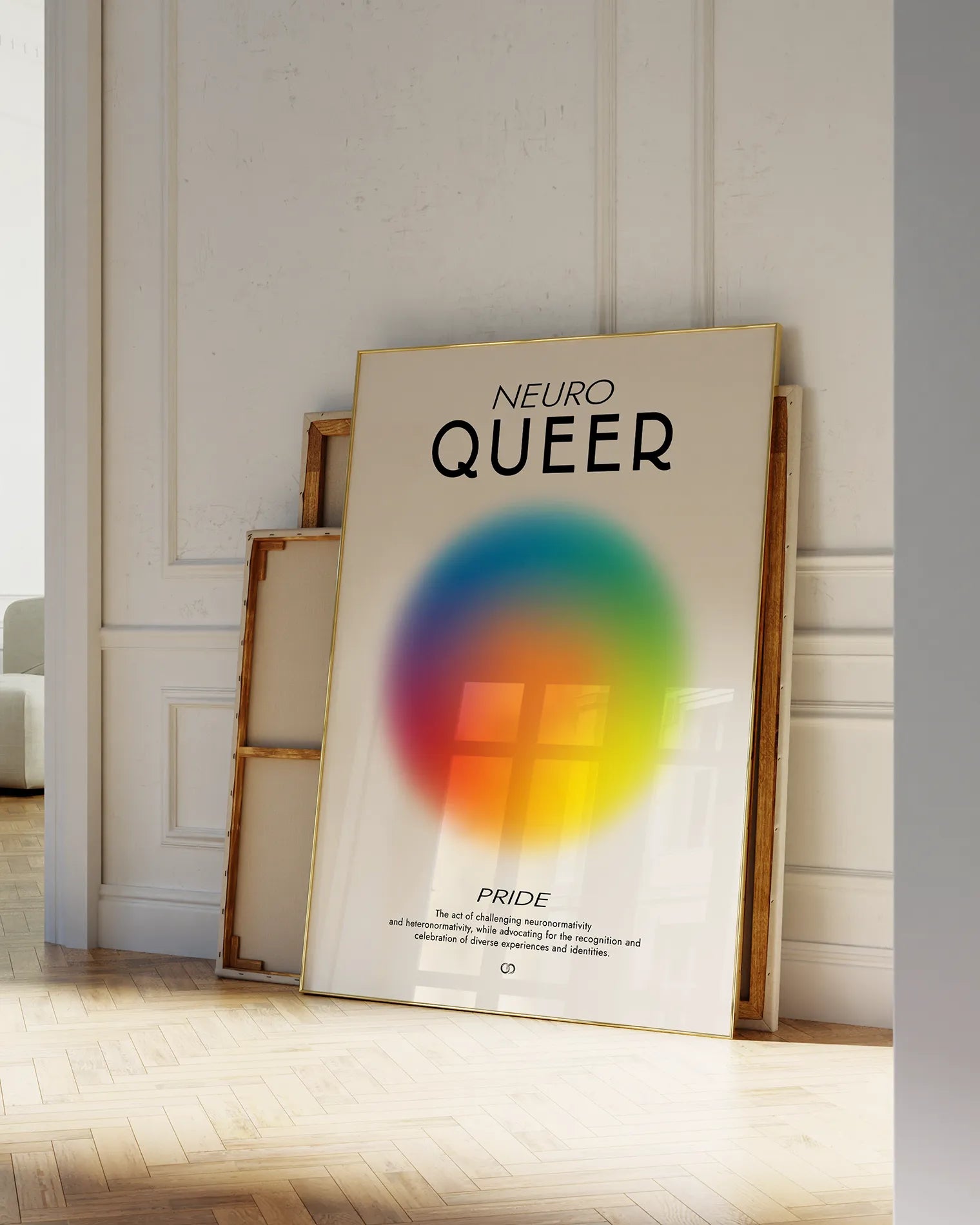 Framed, abstract poster with a circle in rainbow colours with a meaningful text about Neuro Queer and Pride.