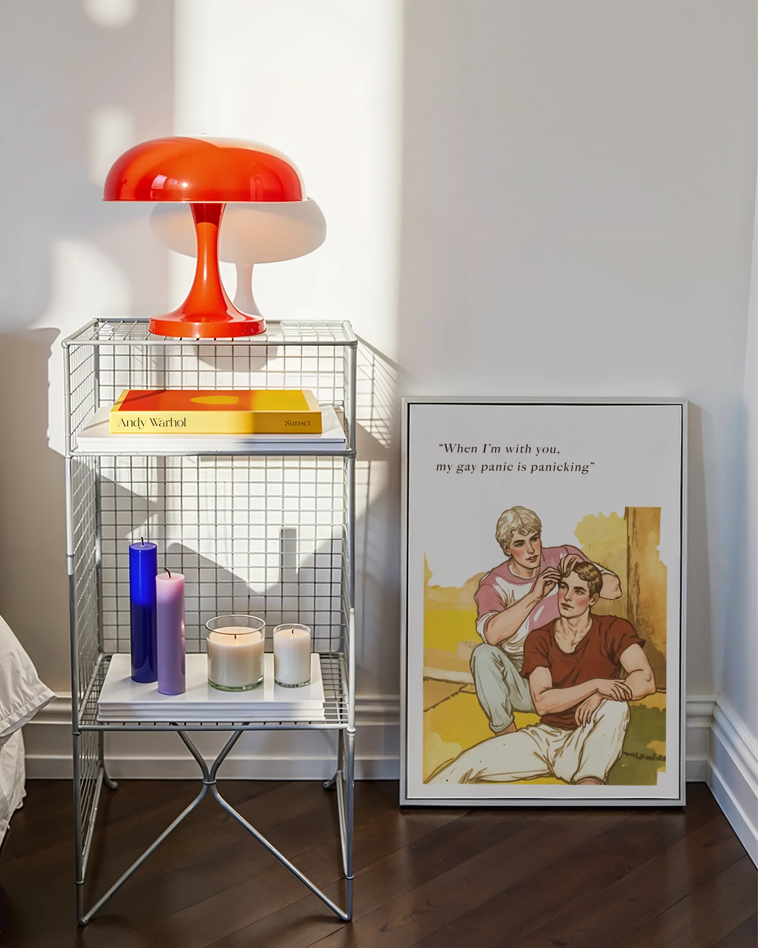 A poster depicting two gay men sharing a romantic moment, with the text: "When I'm with you, my gay panic is panicking."