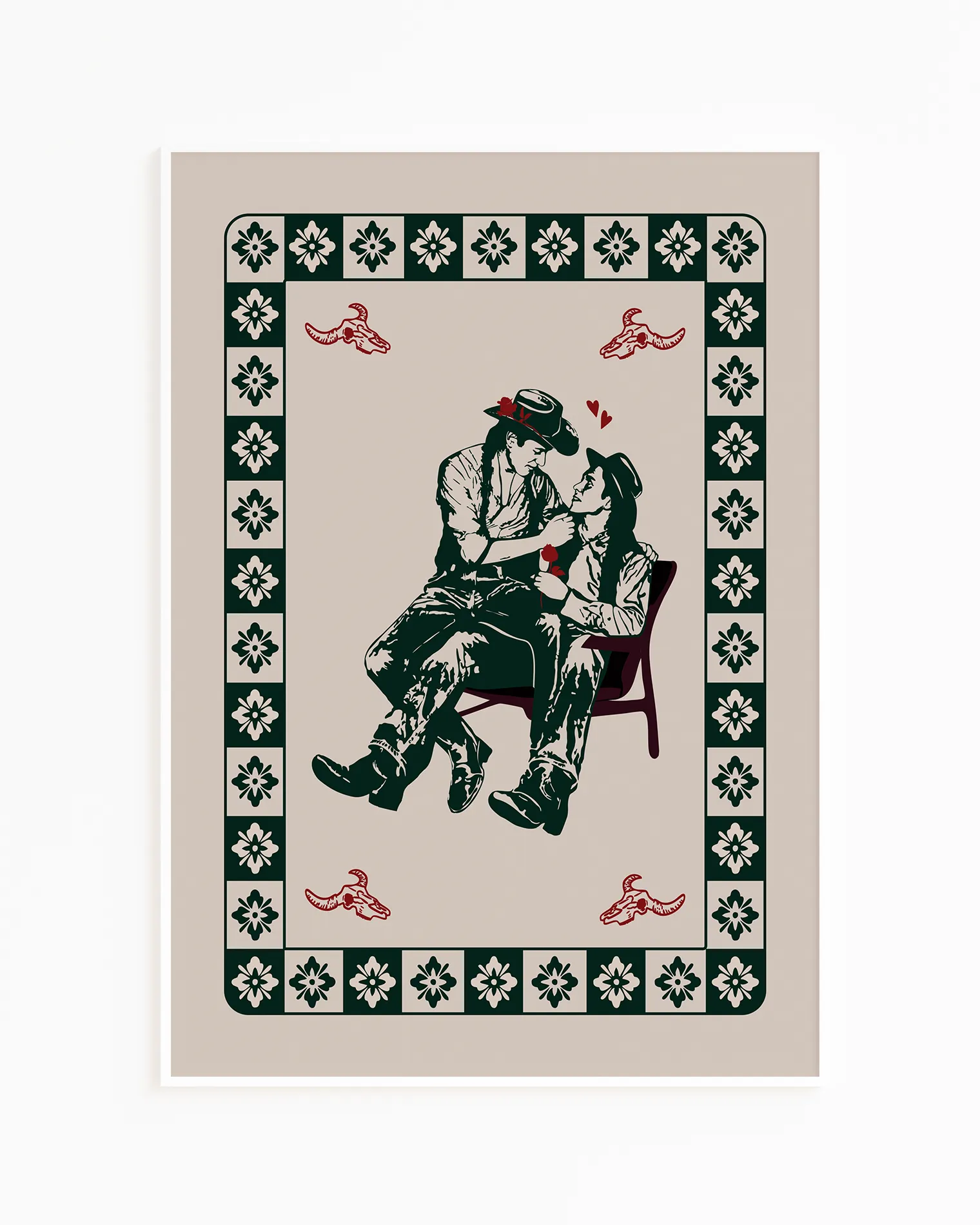 A poster with two indigenous indian cowboys in love, in each others lap. Romantic and vintage poster.