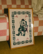 A poster with two indigenous indian cowboys in love, in each others lap. Romantic and vintage poster.