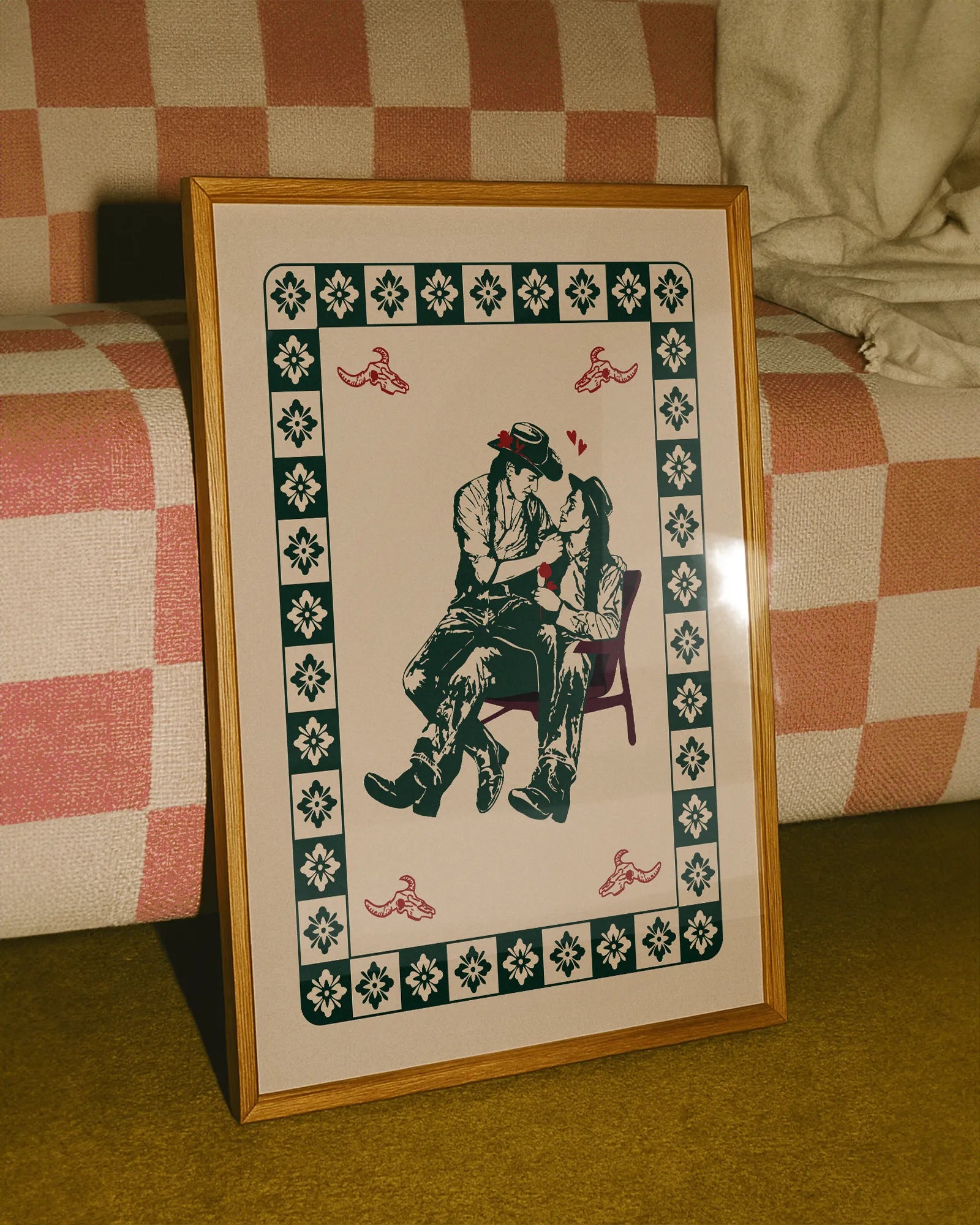 A poster with two indigenous indian cowboys in love, in each others lap. Romantic and vintage poster.