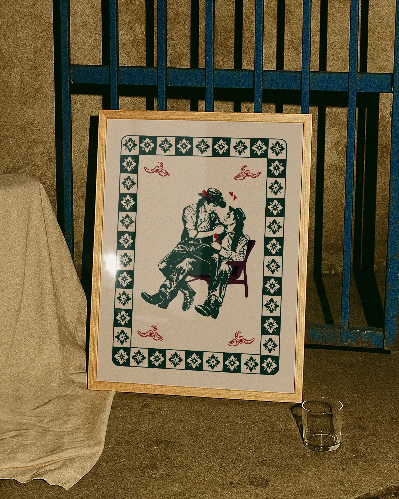 A poster with two indigenous indian cowboys in love, in each others lap. Romantic and vintage poster.