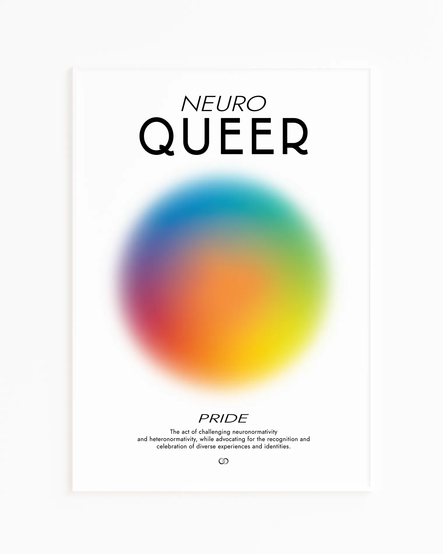 Framed, abstract poster with a circle in rainbow colours with a meaningful text about Neuro Queer and Pride.