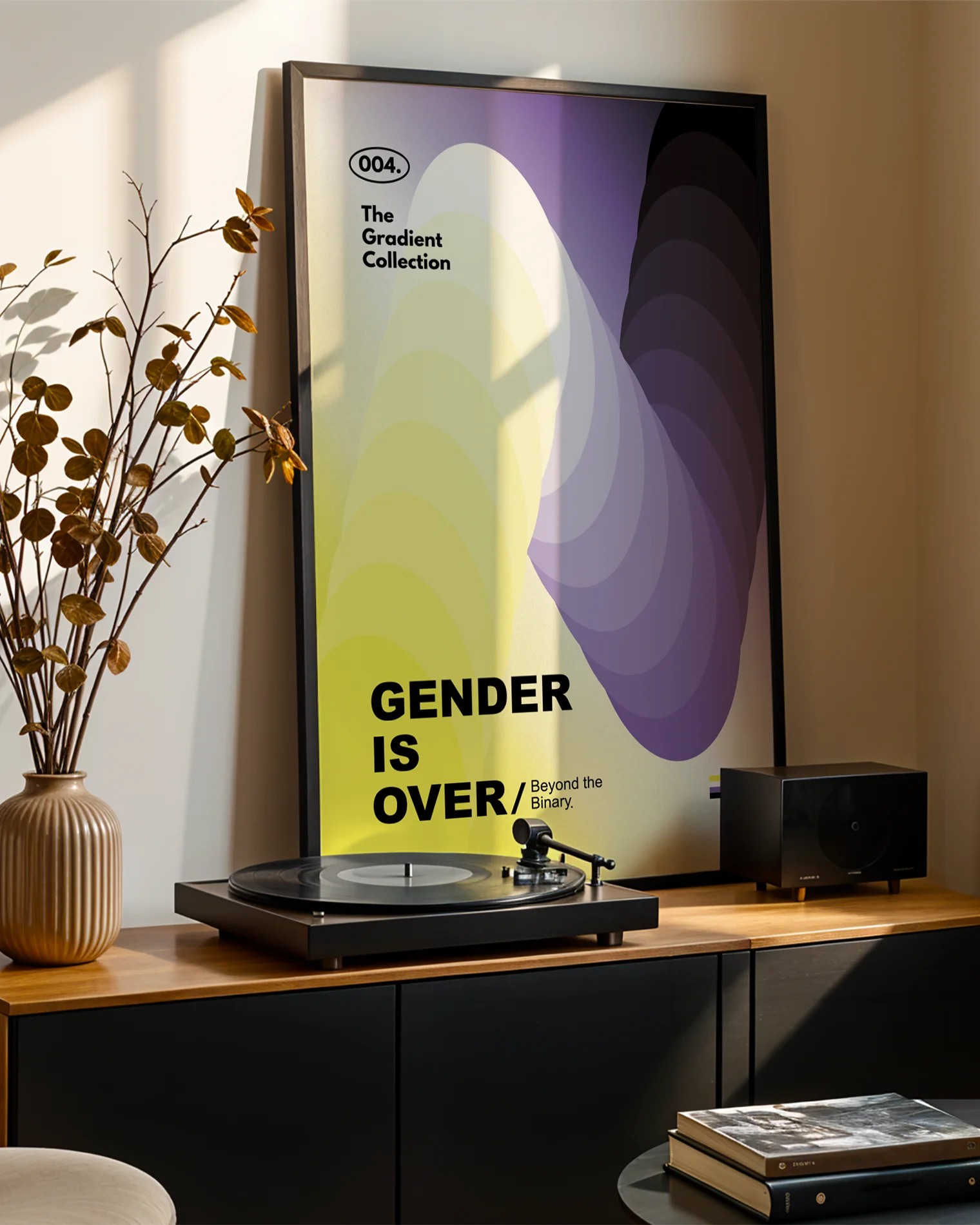 A poster features circular shapes in the non-binary flag’s colors, yellow, white, purple, and black, with the text: '004. The Gradient Collection', 'Gender is Over', and 'Beyond the Binary.'.