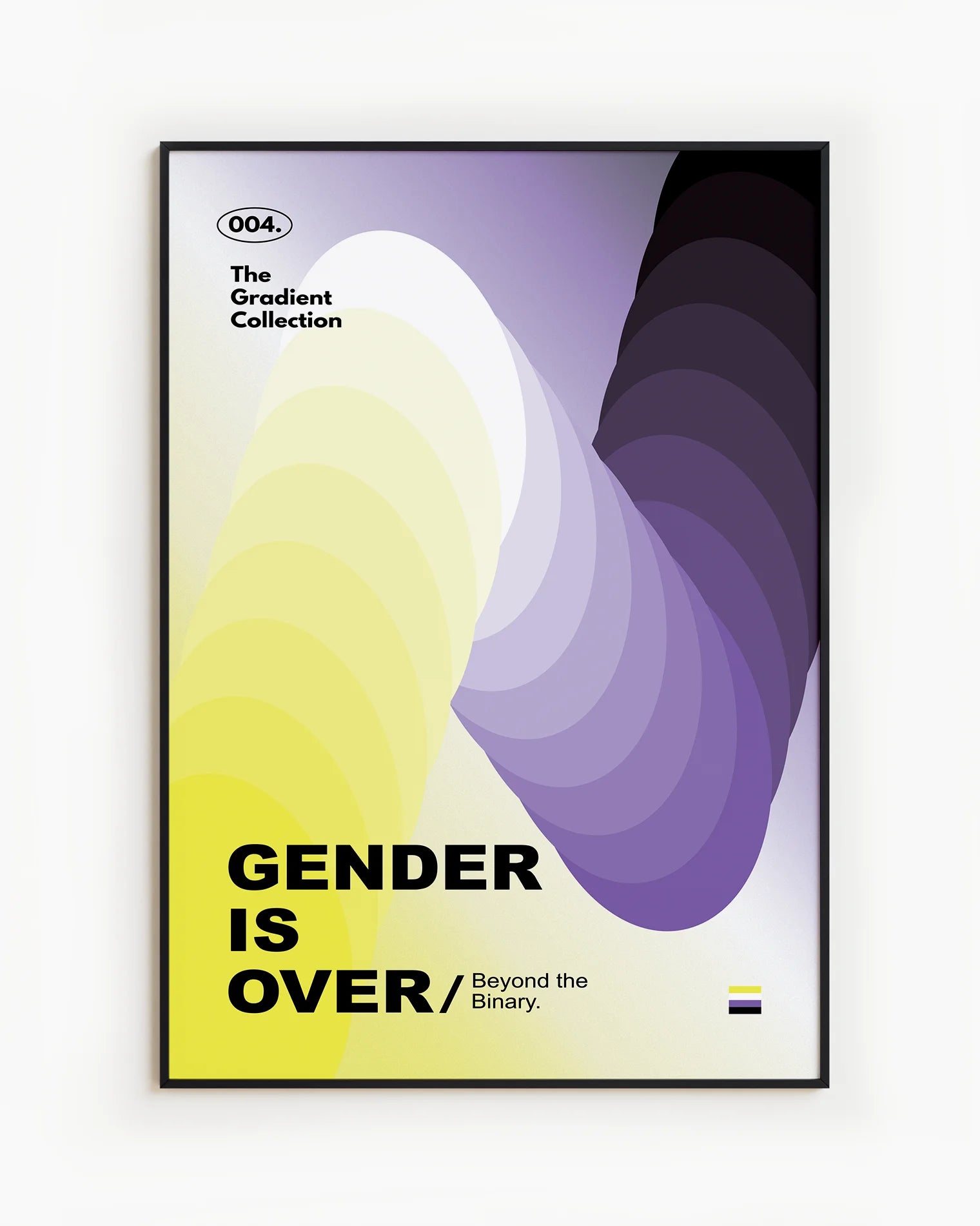 A poster featuring circular shapes in the non-binary flag’s colors, yellow, white, purple, and black, with the text: '004. The Gradient Collection', 'Gender is Over', and 'Beyond the Binary.'.
