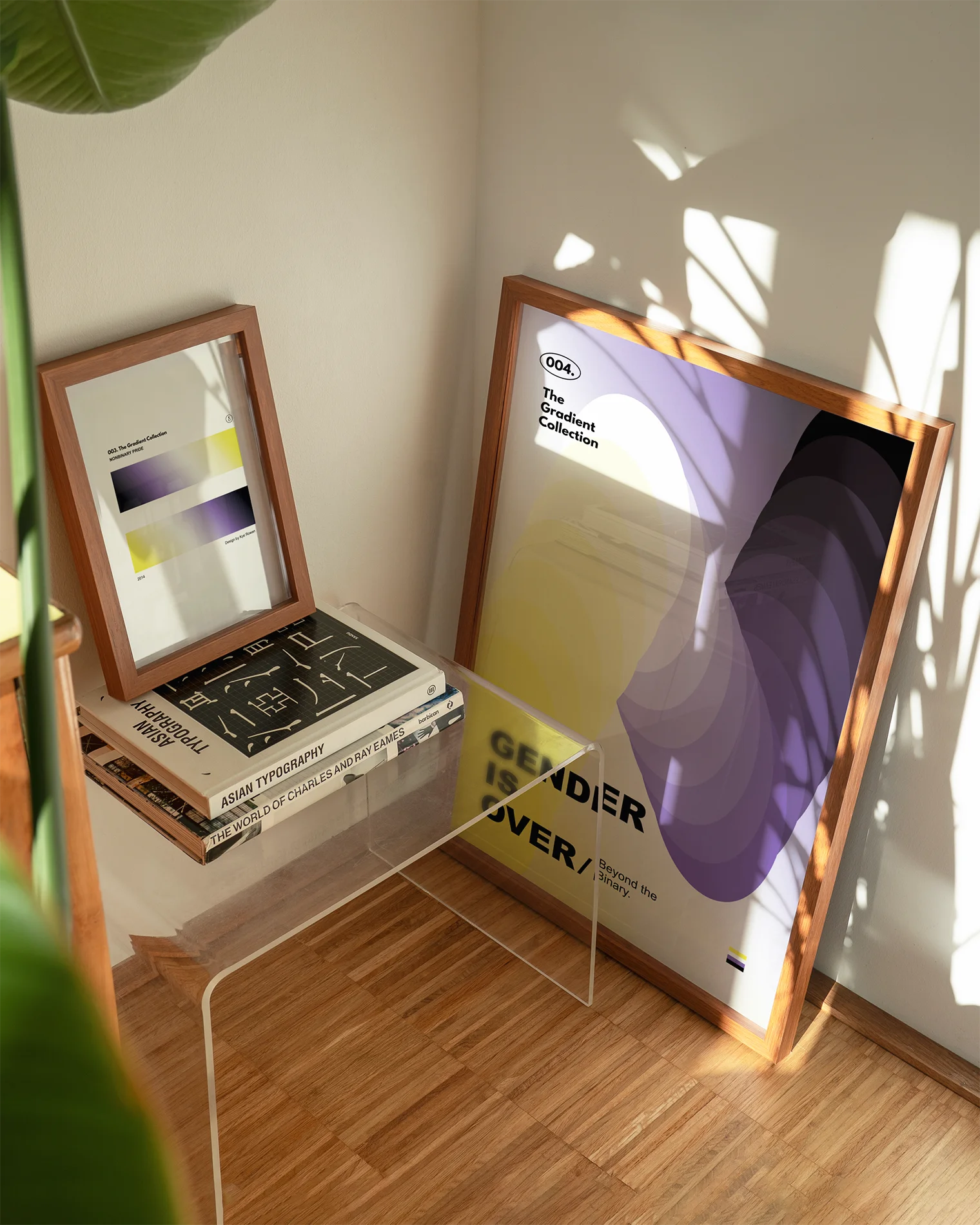 A poster features circular shapes in the non-binary flag’s colors, yellow, white, purple, and black, with the text: '004. The Gradient Collection', 'Gender is Over', and 'Beyond the Binary.'.