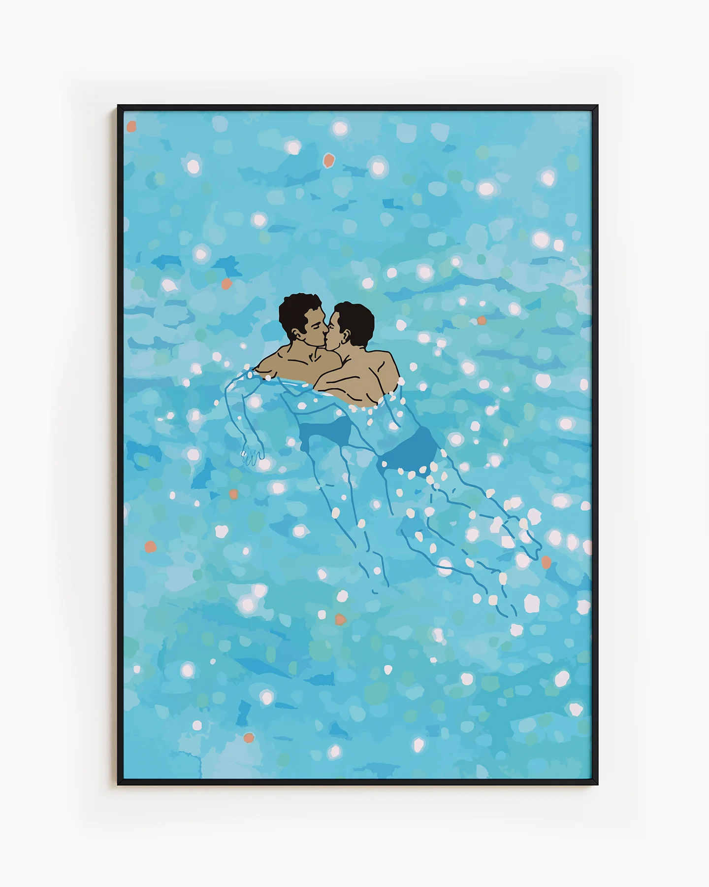 Two illustrated gay men kissing in blue and shiny water.