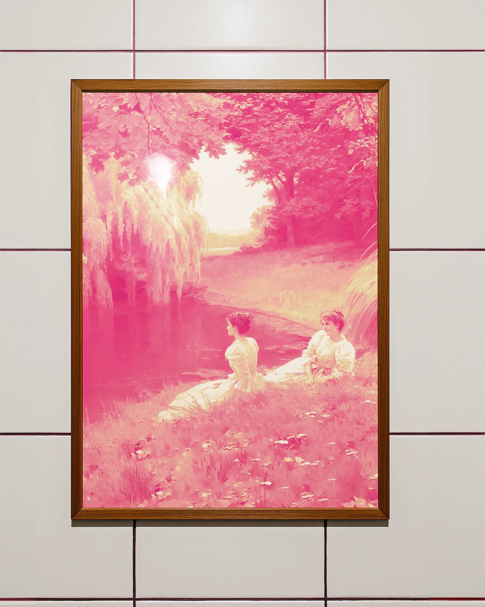 A poster with two lesbian, victorian ladies by a lake.