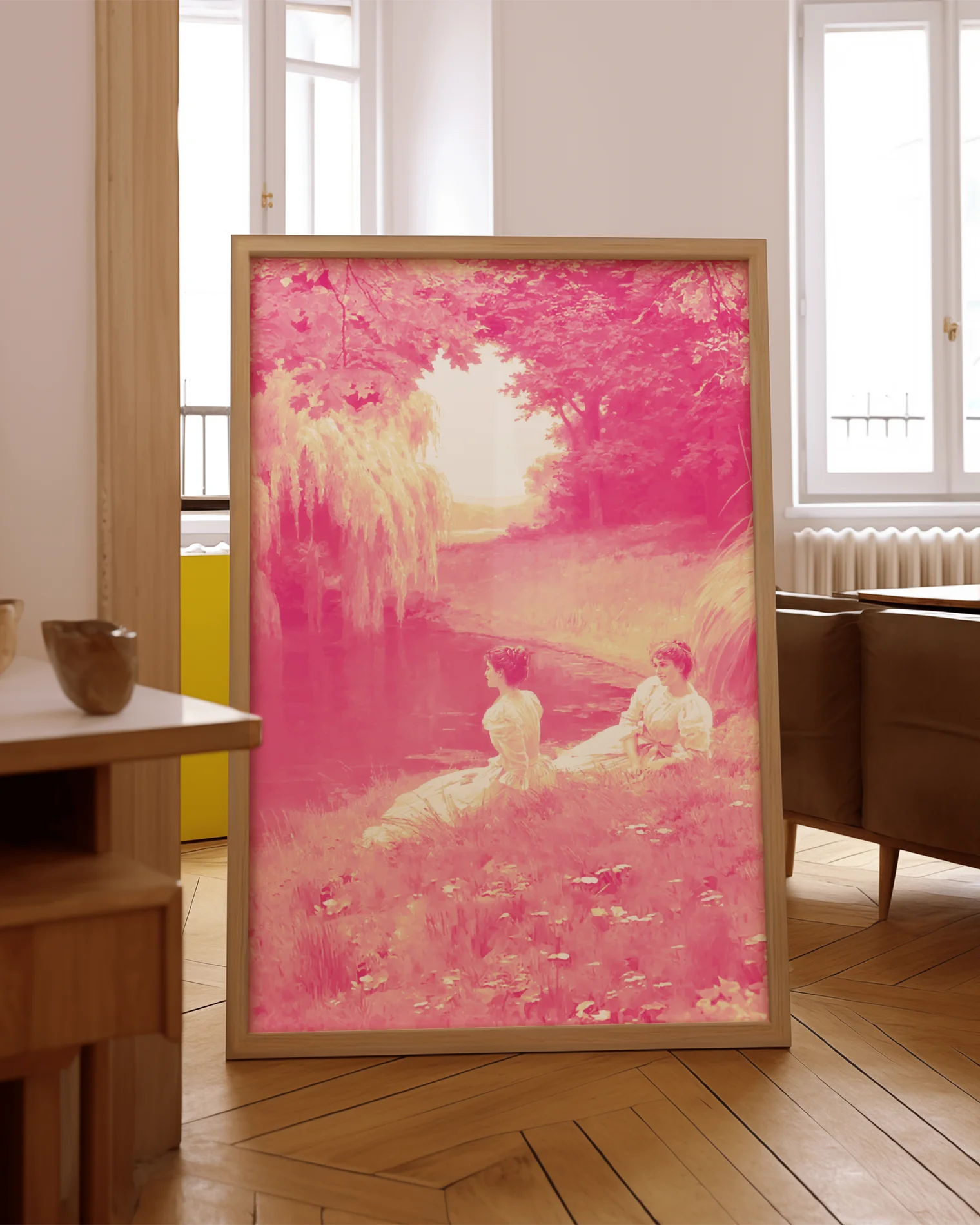 A poster with two lesbian, victorian ladies by a lake.