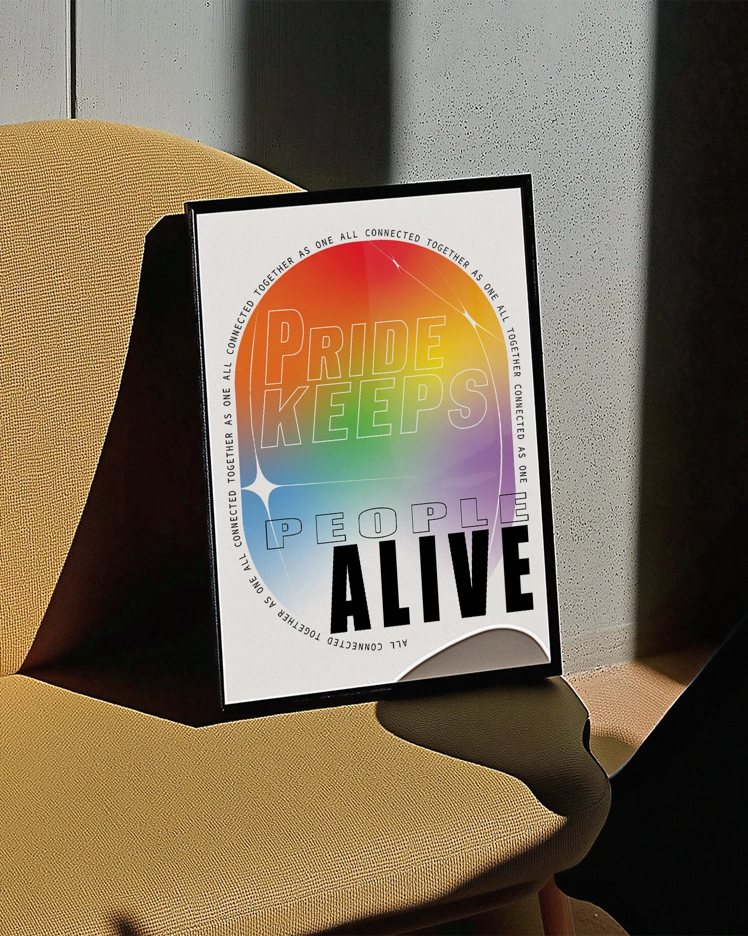 A print with the classic pride colours in an oval shape with the text 'Pride Keeps People Alive'.