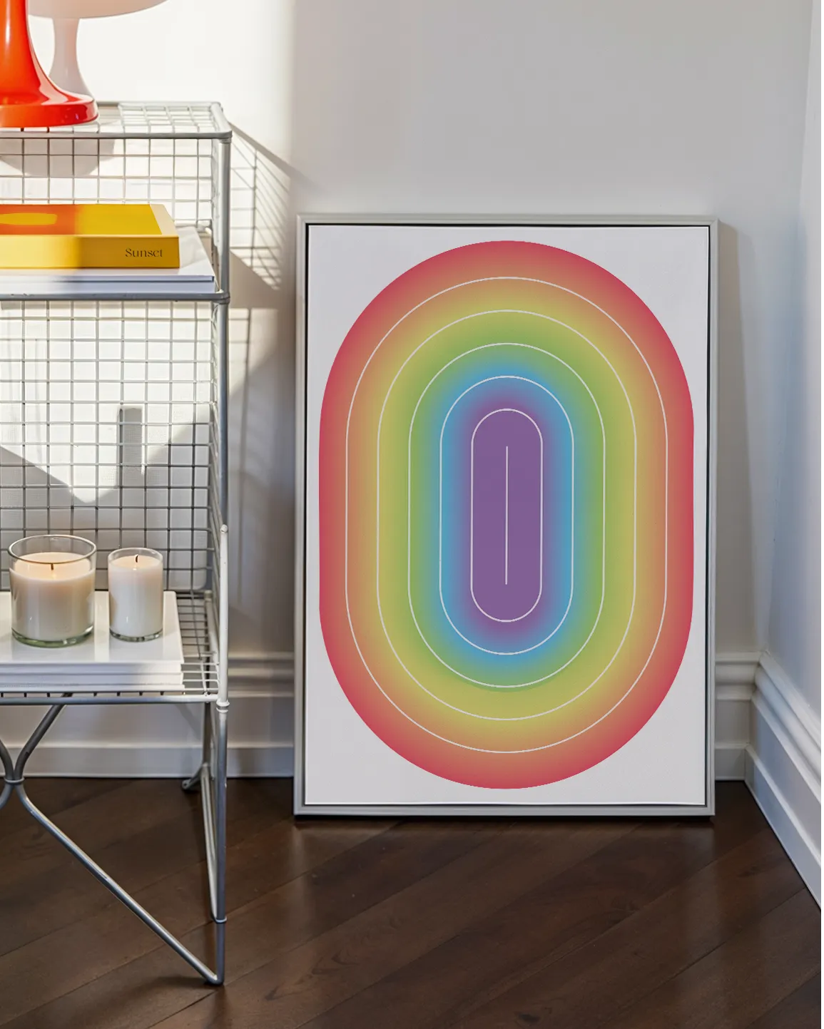 A framed print with an illustrative prideflag in an oval form.