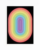 A framed print with an illustrative prideflag in an oval form.