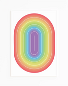 A framed print with an illustrative prideflag in an oval form.
