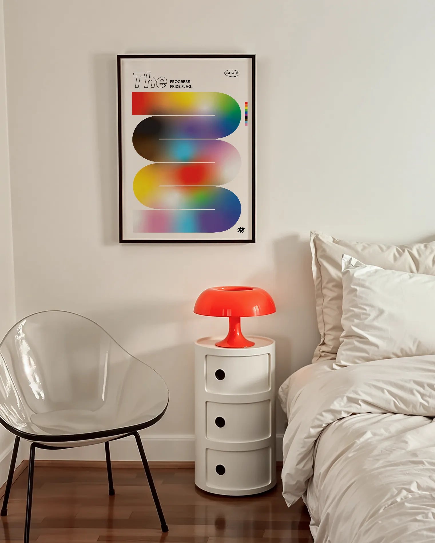 A design-poster with the progress pride flag in a soft, wavy form.