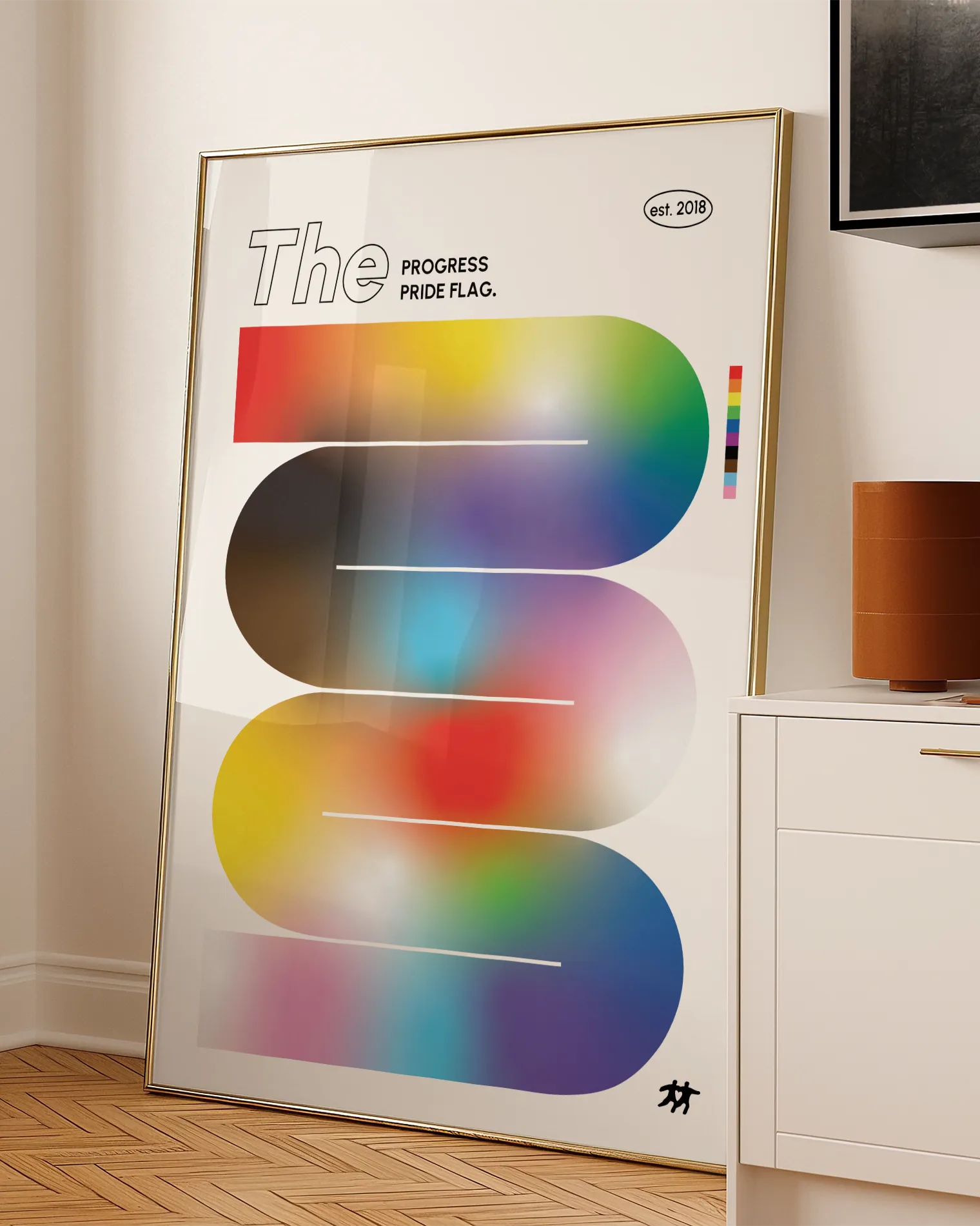 A design-poster with the progress pride flag in a soft, wavy form.