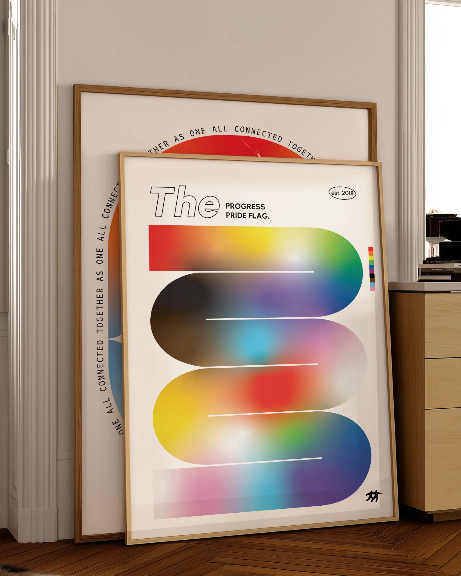 A design-poster with the progress pride flag in a soft, wavy form.