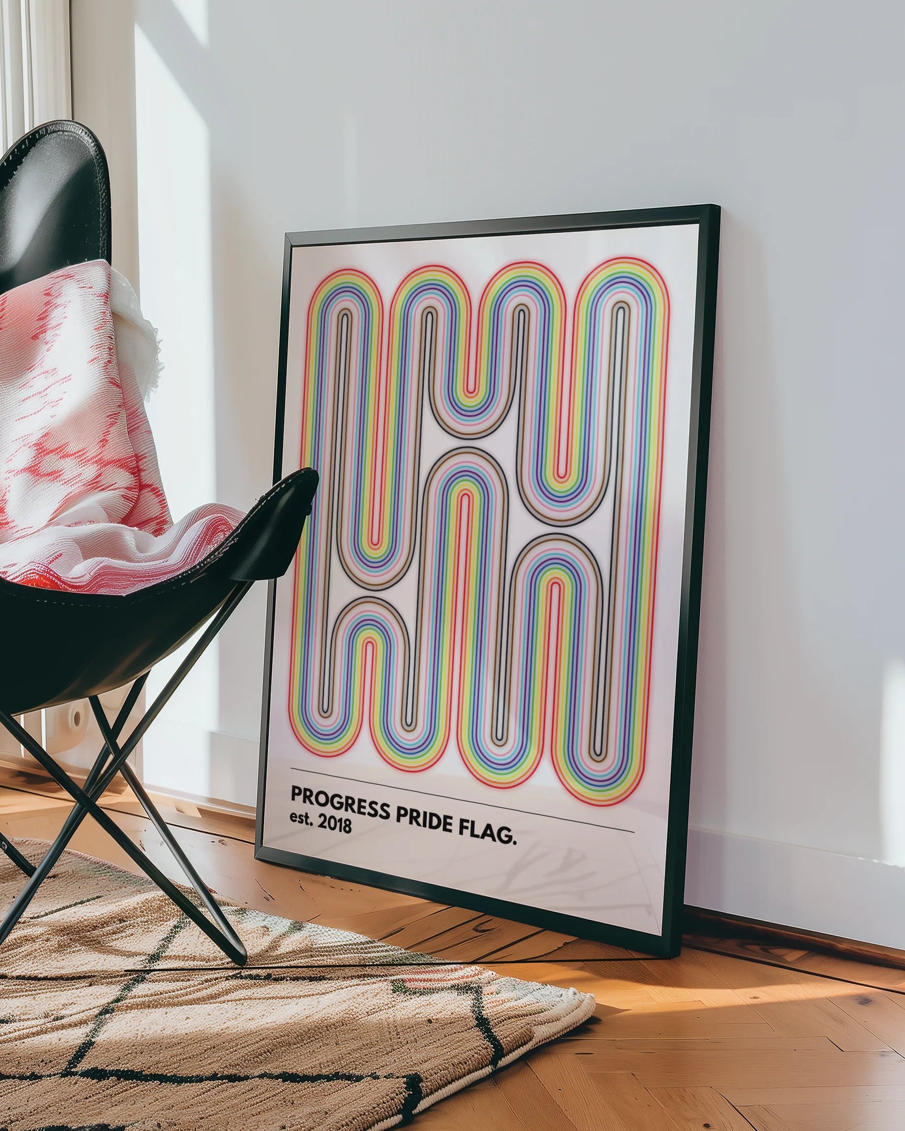 A print with the progress pride flag in the style of Bauhaus.