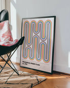 A print with the progress pride flag in the style of Bauhaus.