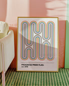 A print with the progress pride flag in the style of Bauhaus.
