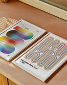 A print with the progress pride flag in the style of Bauhaus.