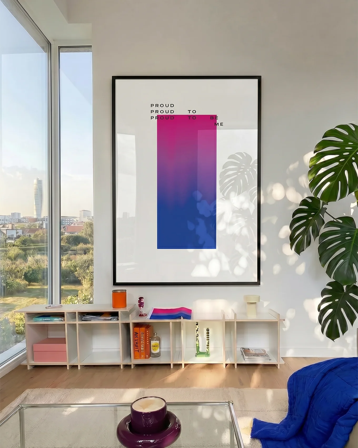 A poster with a gradient bisexual pride flag and the text: 'Proud to be me'.