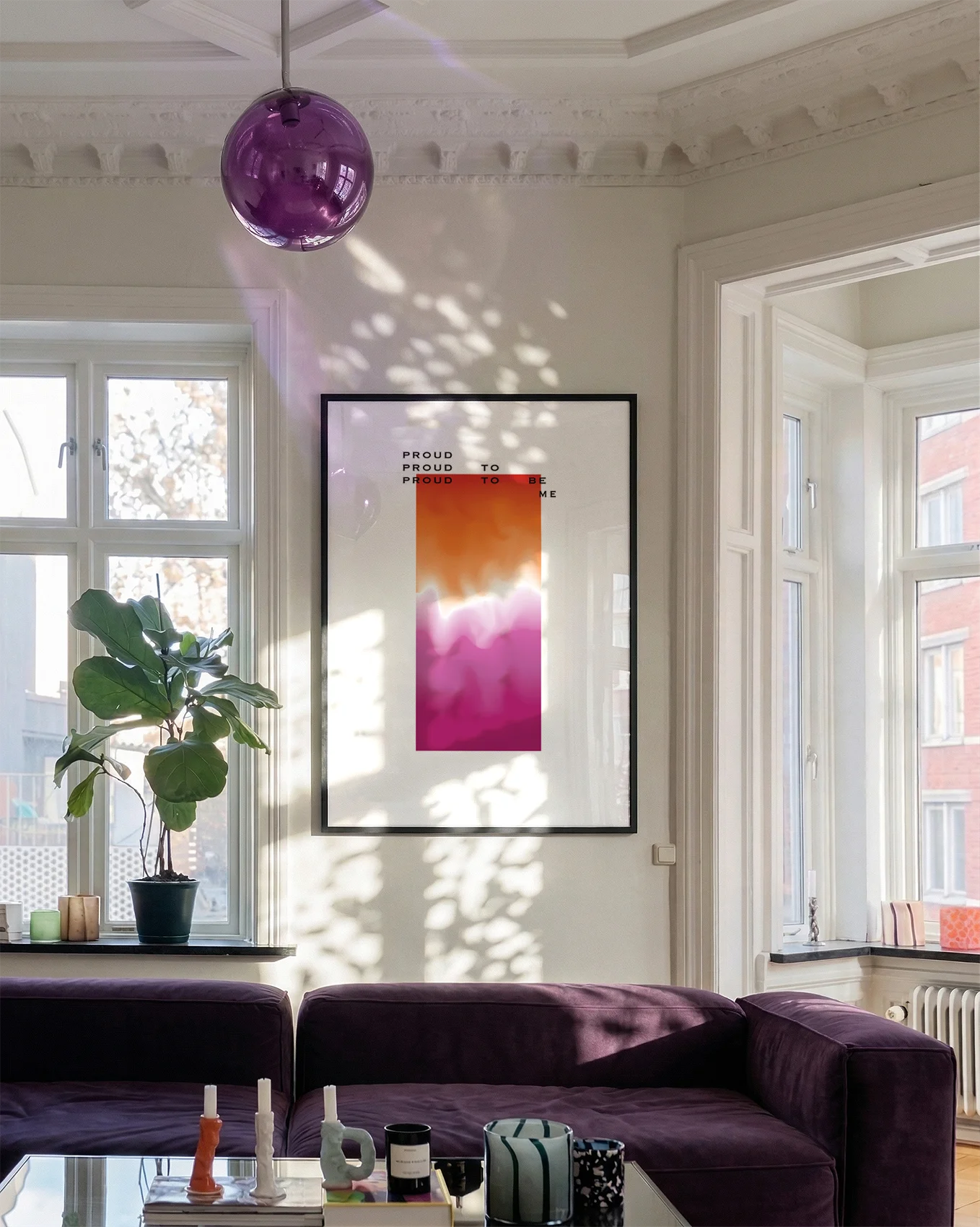 A poster with a gradient lesbian pride flag and the text: 'Proud to be me'.