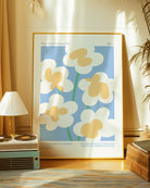 A print with retro flowers and a queer poem.