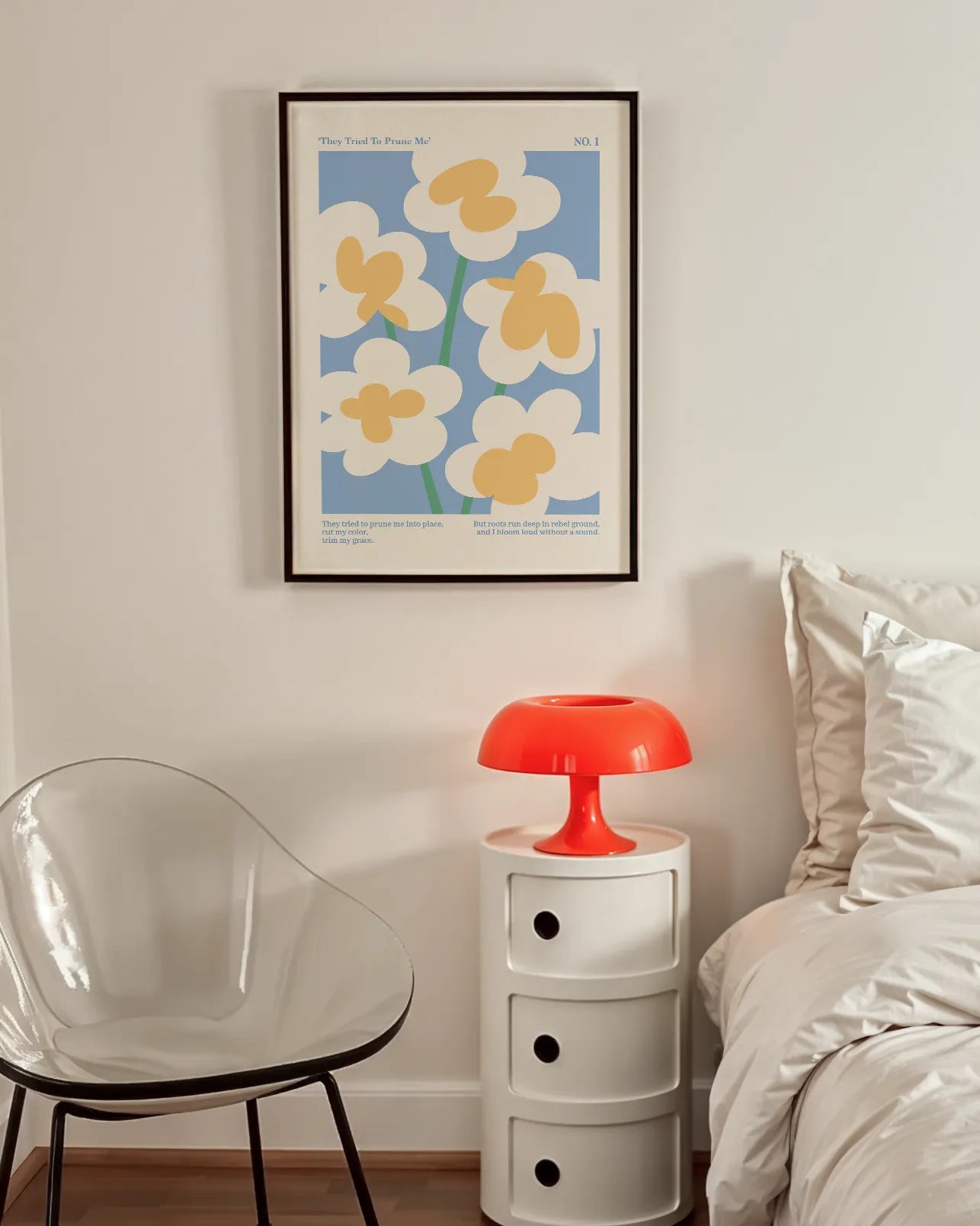 A print with retro flowers and a queer poem.