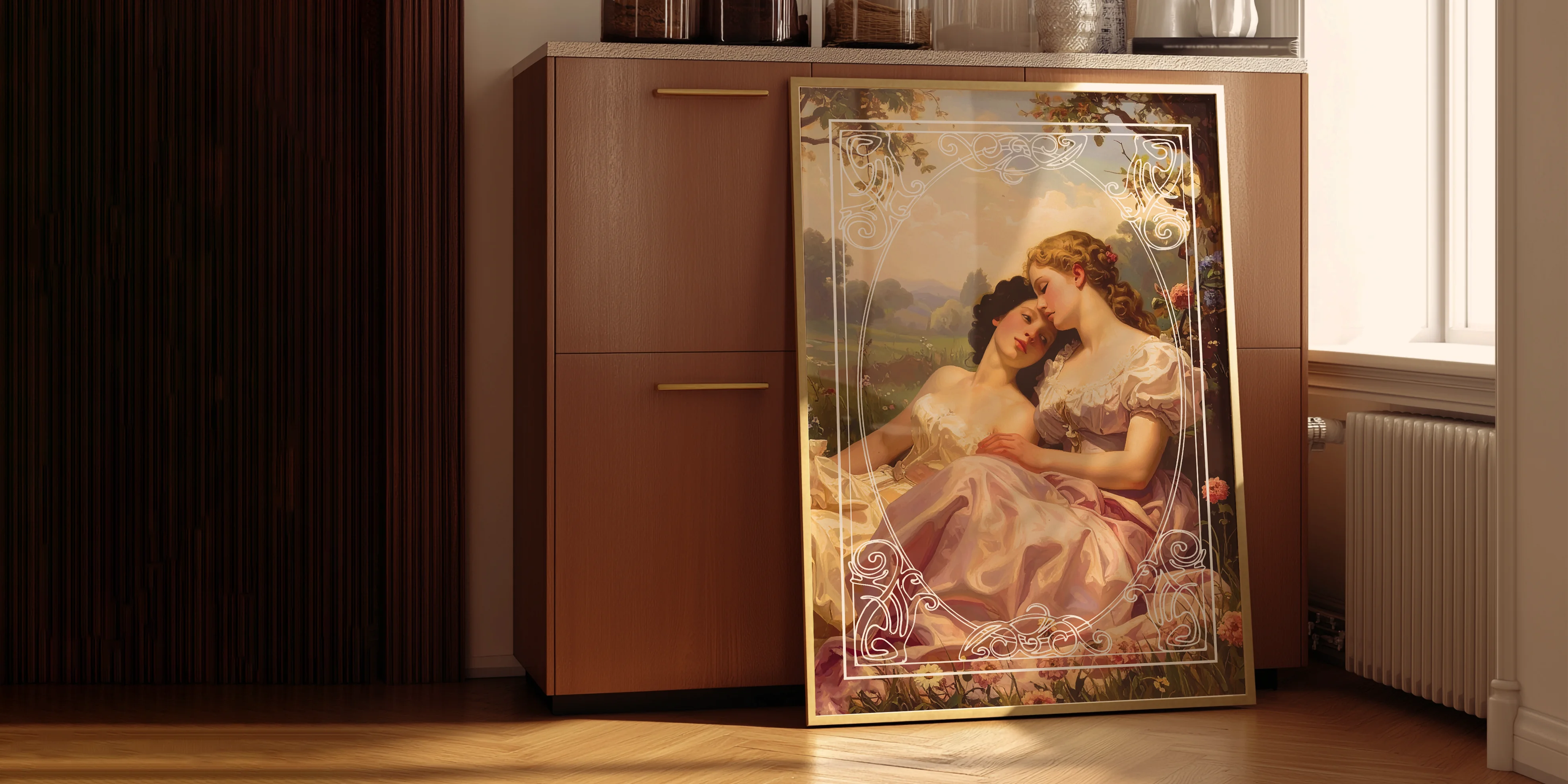 An image with a framed poster of two, lesbian women in a park.