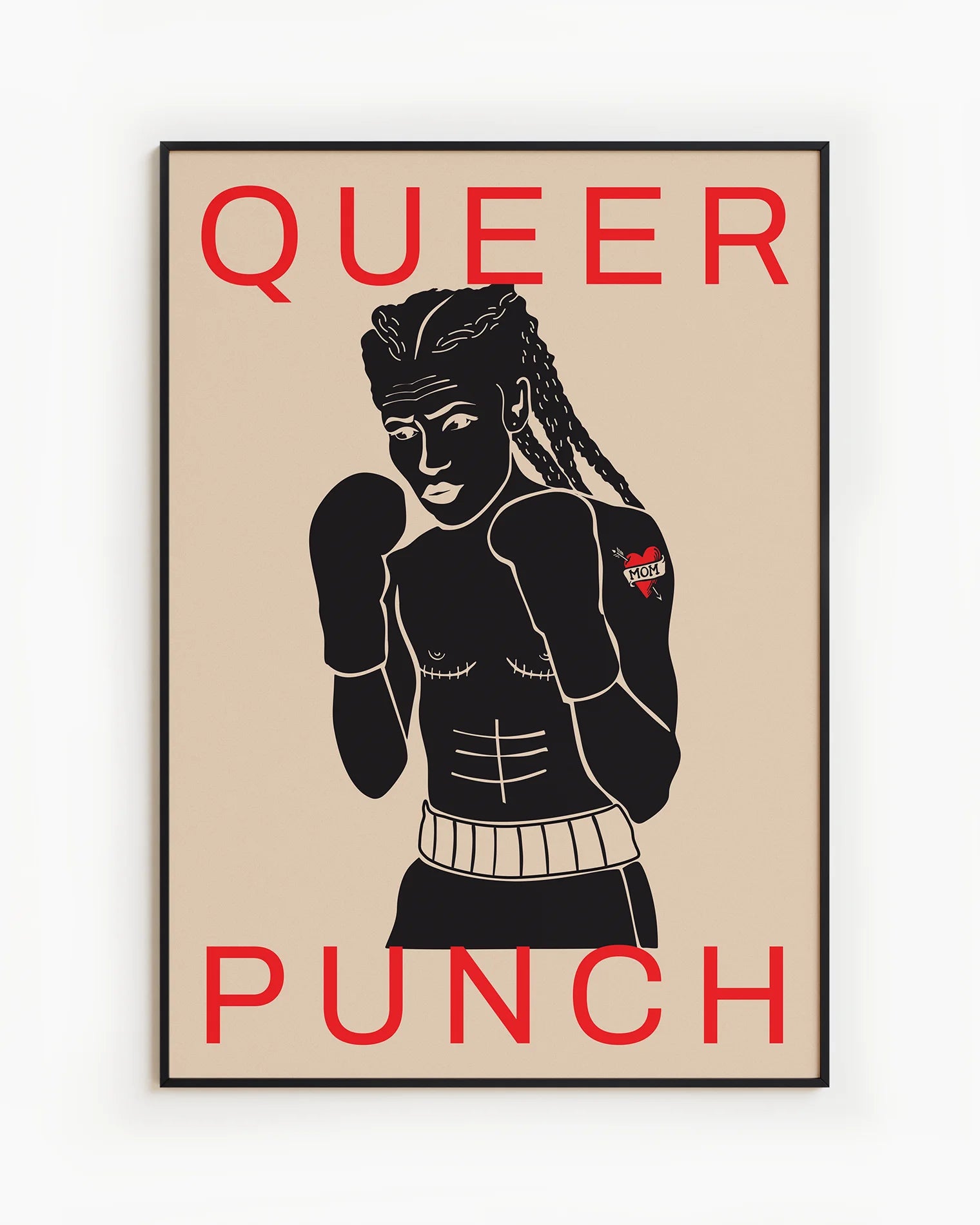 A poster featuring a queer person with a bare chest and boxing gloves, alongside the text: "QUEER PUNCH."