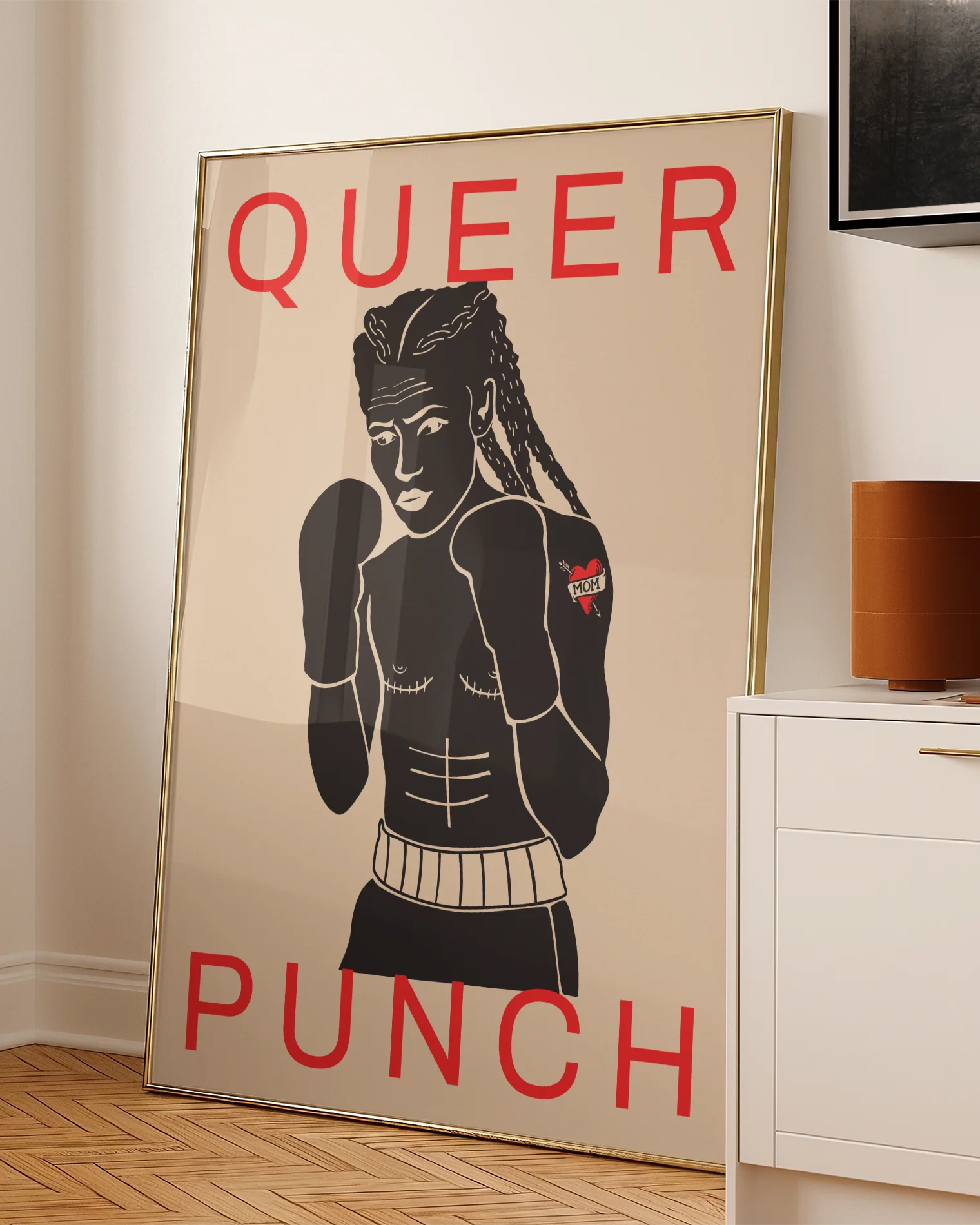 A poster featuring a queer person with a bare chest and boxing gloves, alongside the text: "QUEER PUNCH."